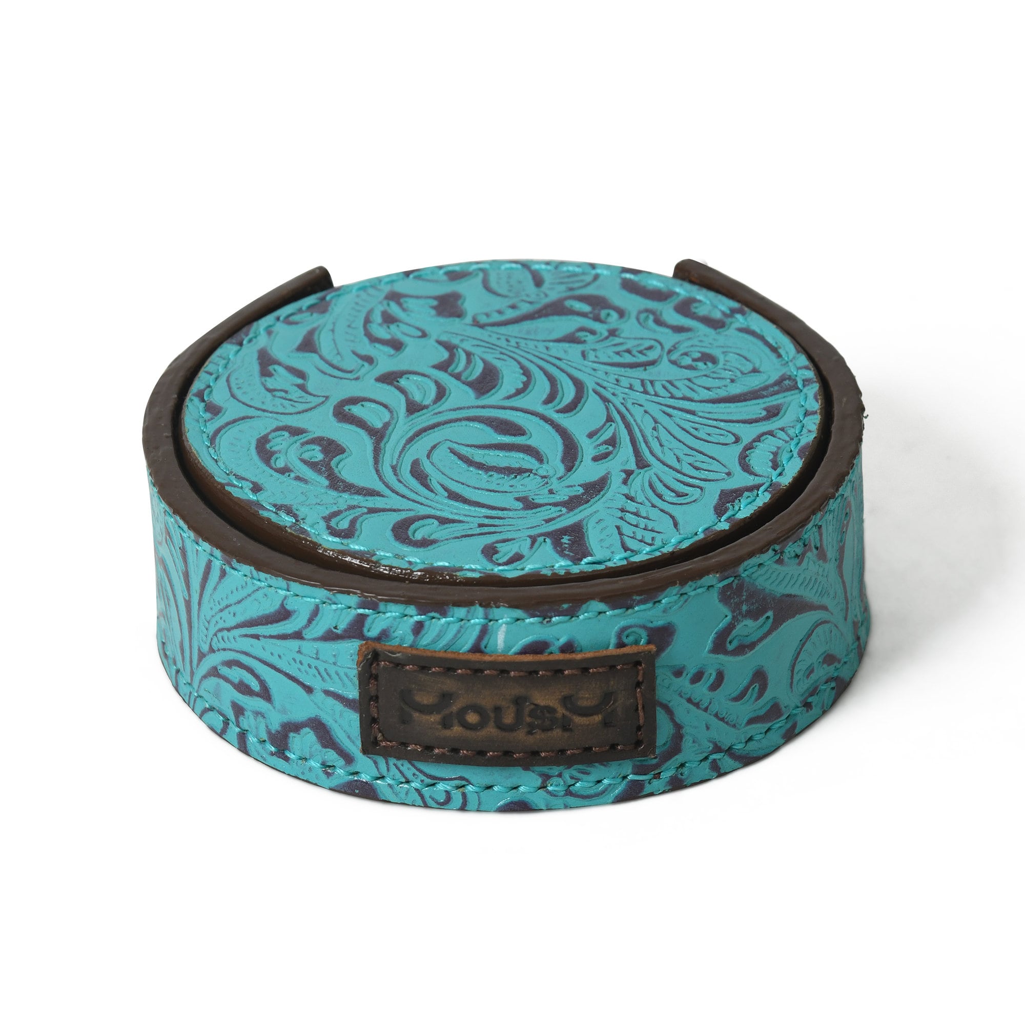 MOUSM Genuine Leather Coaster Set of 6 with Holder, Round Floral Print Coaster, Barware Gift, Gift for Him, Drink Mats Housewarming Gifts