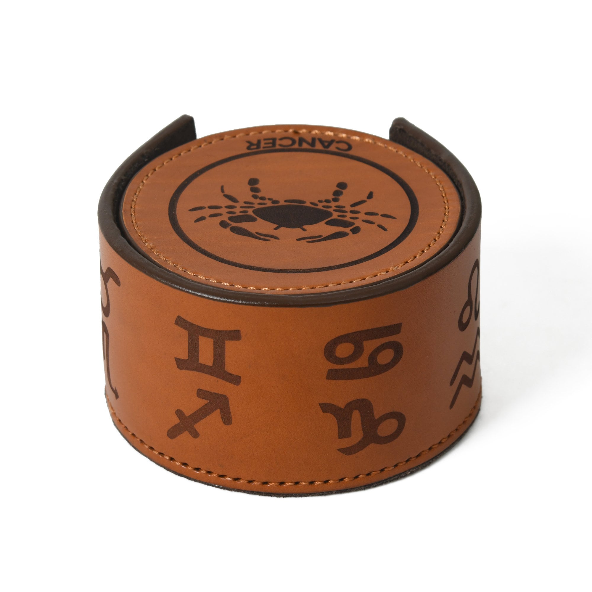 MOUSM Leather Coaster Set, Coasters with Holder, Zodiac Sign Engraved Round Leather Coaster Housewarming Gift, Bar Coaster Gift, Beer Mat