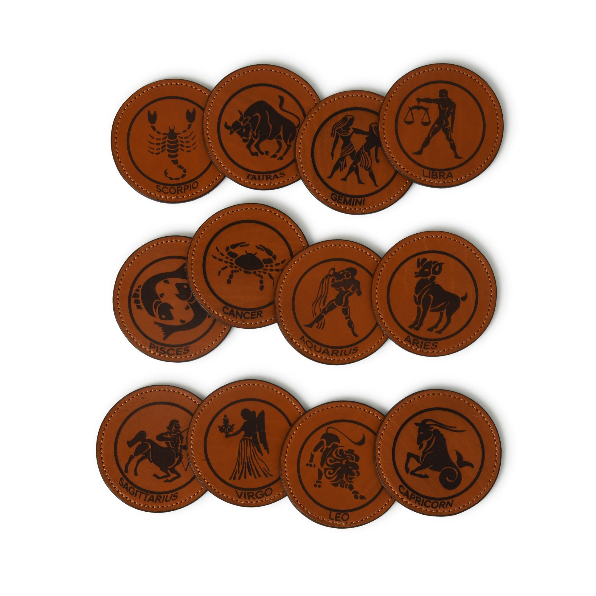 MOUSM Leather Coaster Set, Coasters with Holder, Zodiac Sign Engraved Round Leather Coaster Housewarming Gift, Bar Coaster Gift, Beer Mat