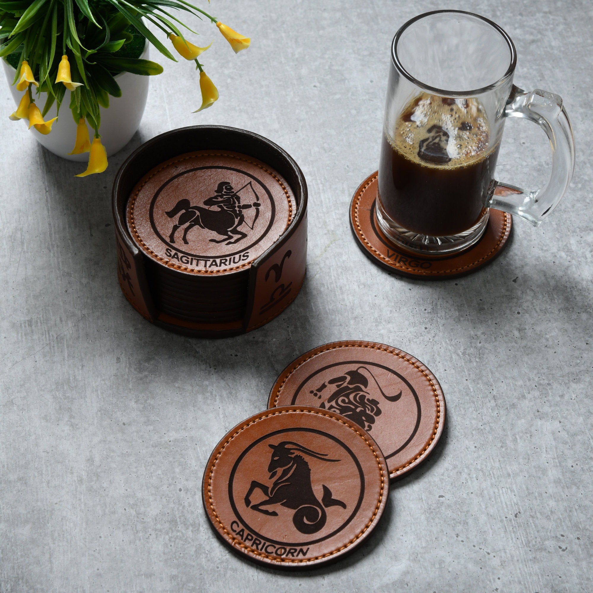 MOUSM Leather Coaster Set, Coasters with Holder, Zodiac Sign Engraved Round Leather Coaster Housewarming Gift, Bar Coaster Gift, Beer Mat