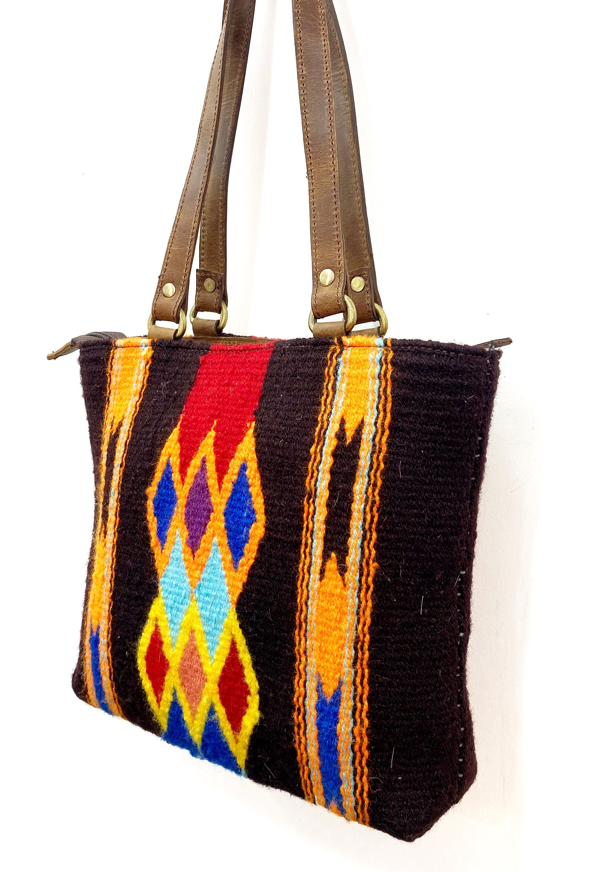MOUSM Shoulder Bags/Hand Bags with Aztec Mohair Wool Pattern, Leather Straps & Zipper Closure – Handwoven Boho Shoulder Bag Perfect For Western Or Daily Use