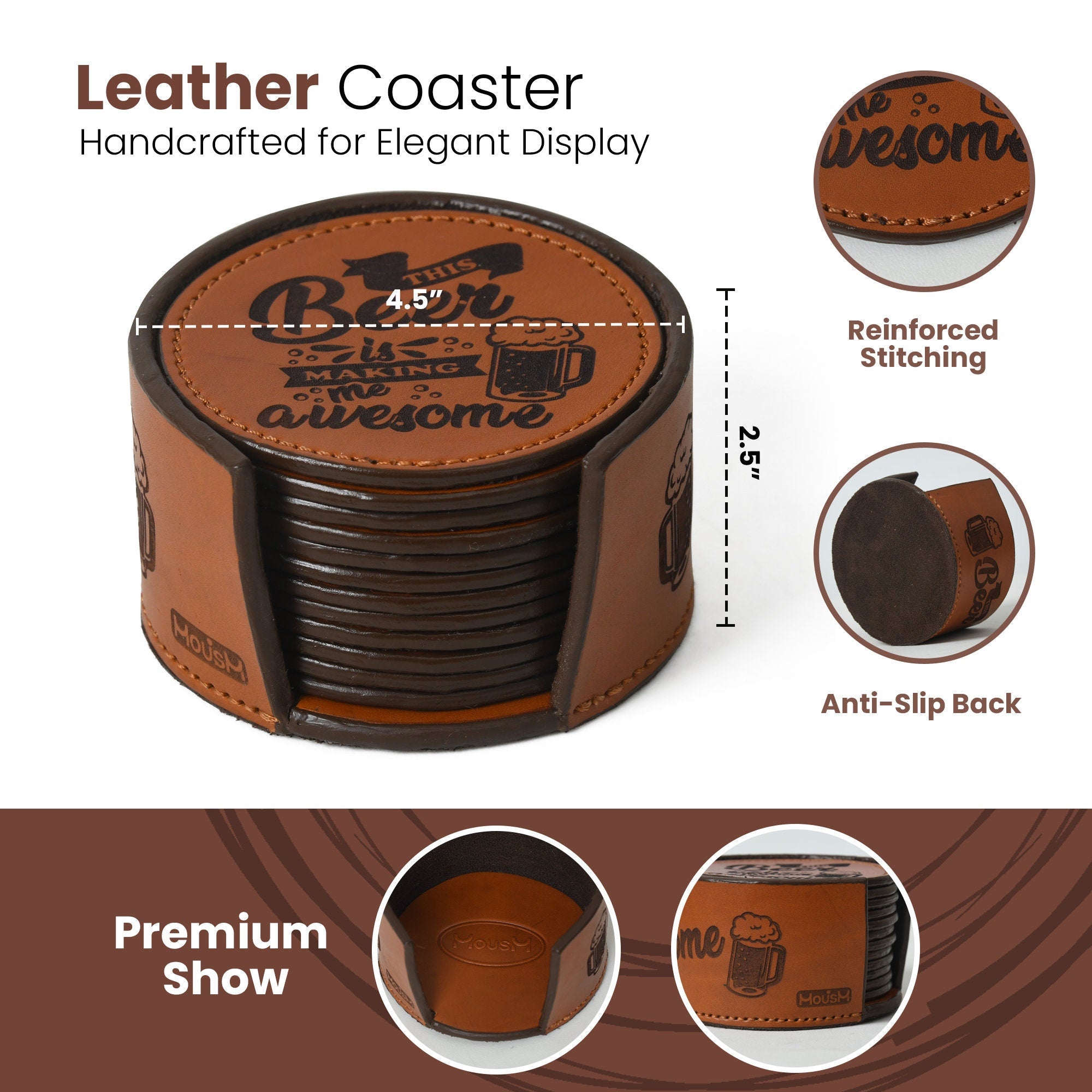 MOUSM Leather Coasters | Set of 12 | Anniversary Gift | Beer Mats | 100% Genuine Leather | Valentine&