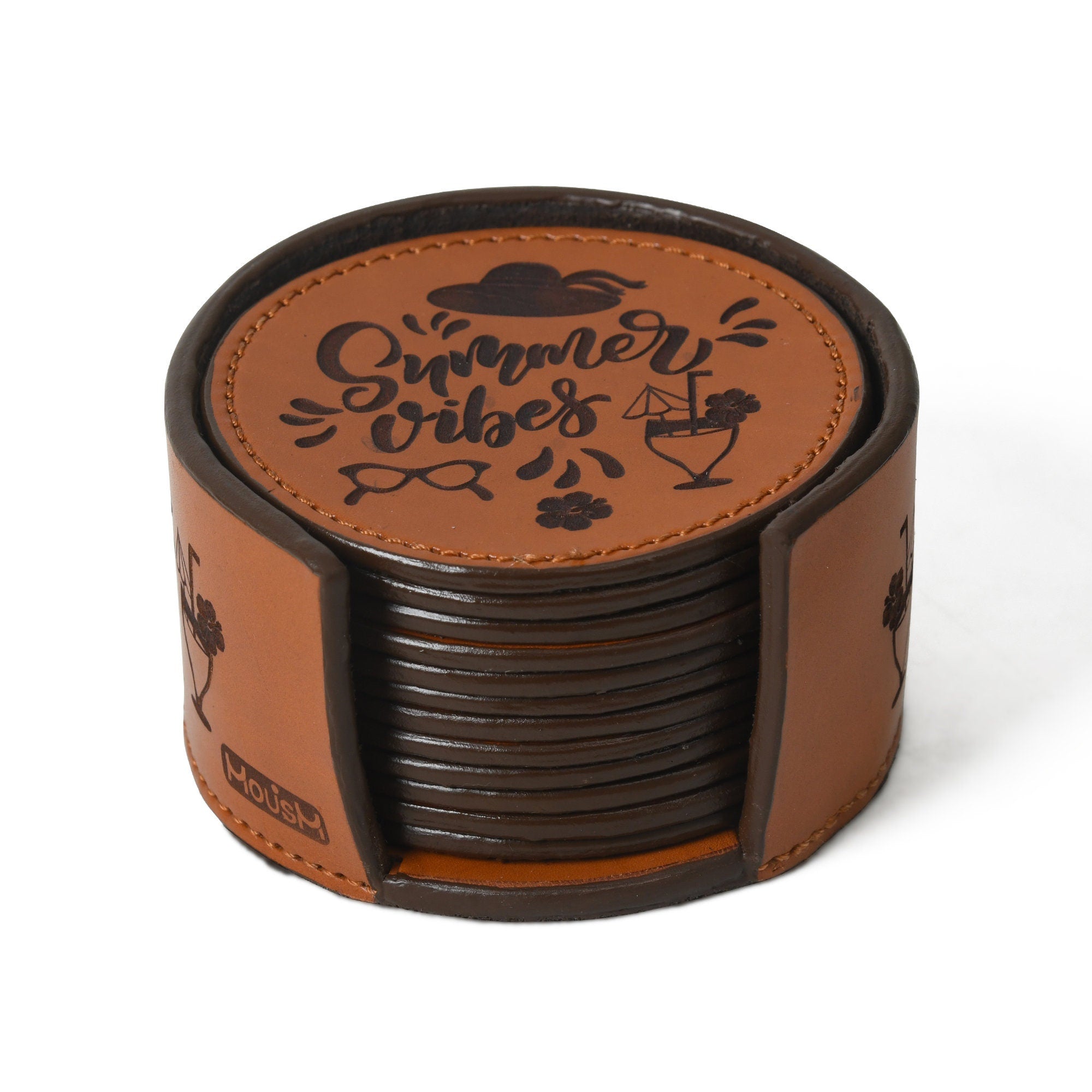MOUSM Genuine Leather Coaster Set with Holder | Bar Decor | Drinking Mats | Coffe Mug Coaster | Leather Coasters | 12 Coasters Set "