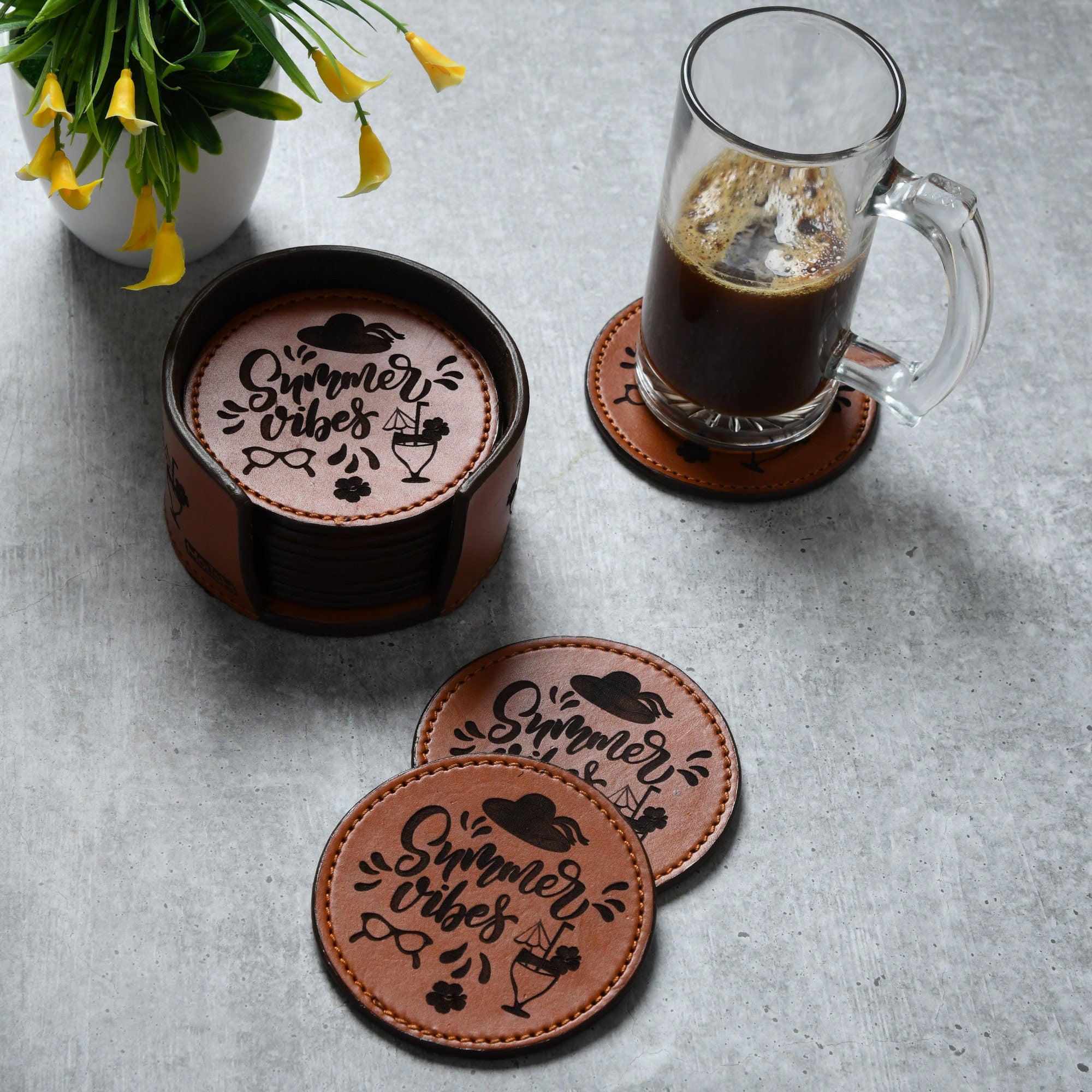 MOUSM Genuine Leather Coaster Set with Holder | Bar Decor | Drinking Mats | Coffe Mug Coaster | Leather Coasters | 12 Coasters Set "