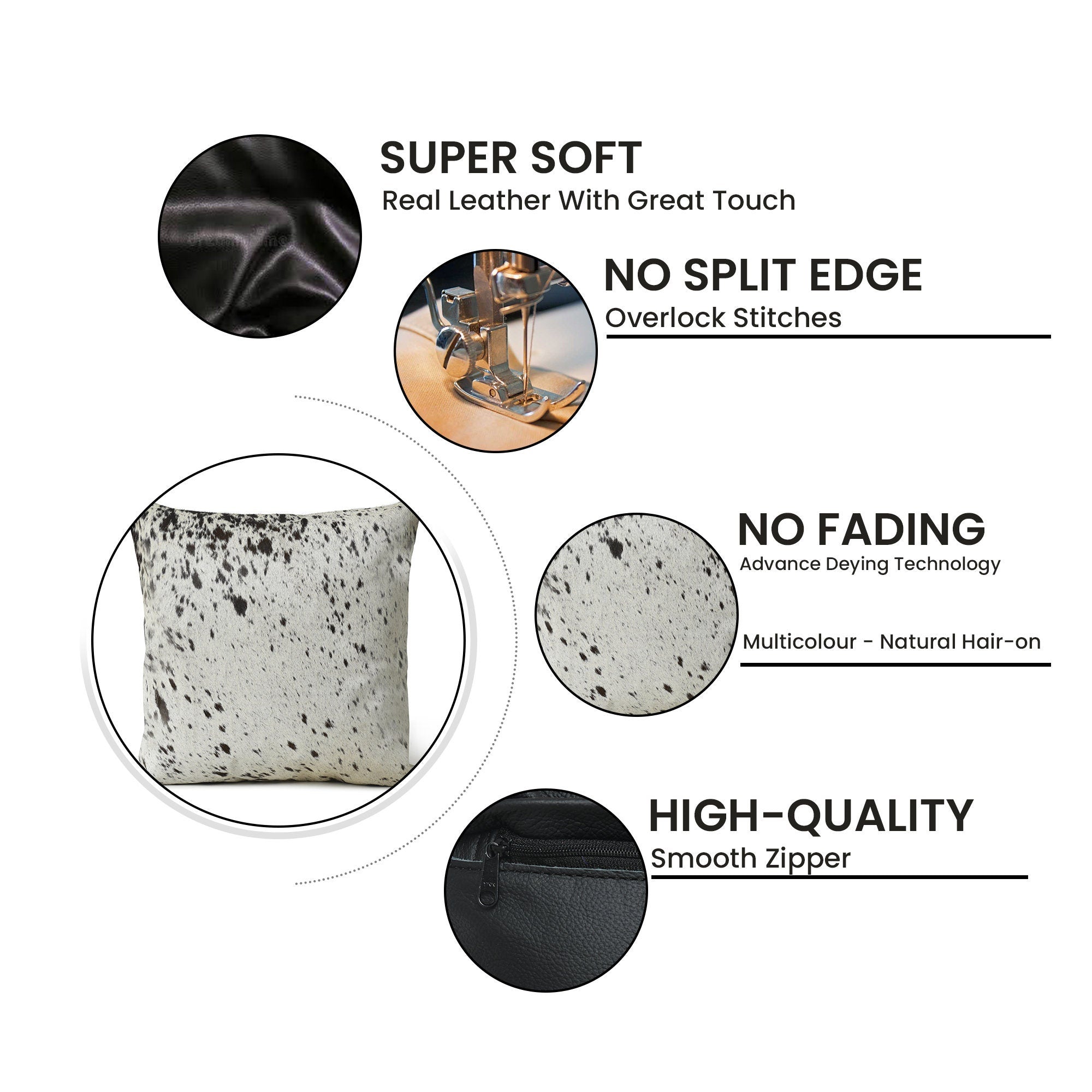 MOUSM Real Cowhide Leather Cushion Cover – 18x18 Inch Hair-On Decorative Pillow Cover with White with Black Spots – Designer Throw Pillow Case for Sofa, Couch, Living Room & Bedroom