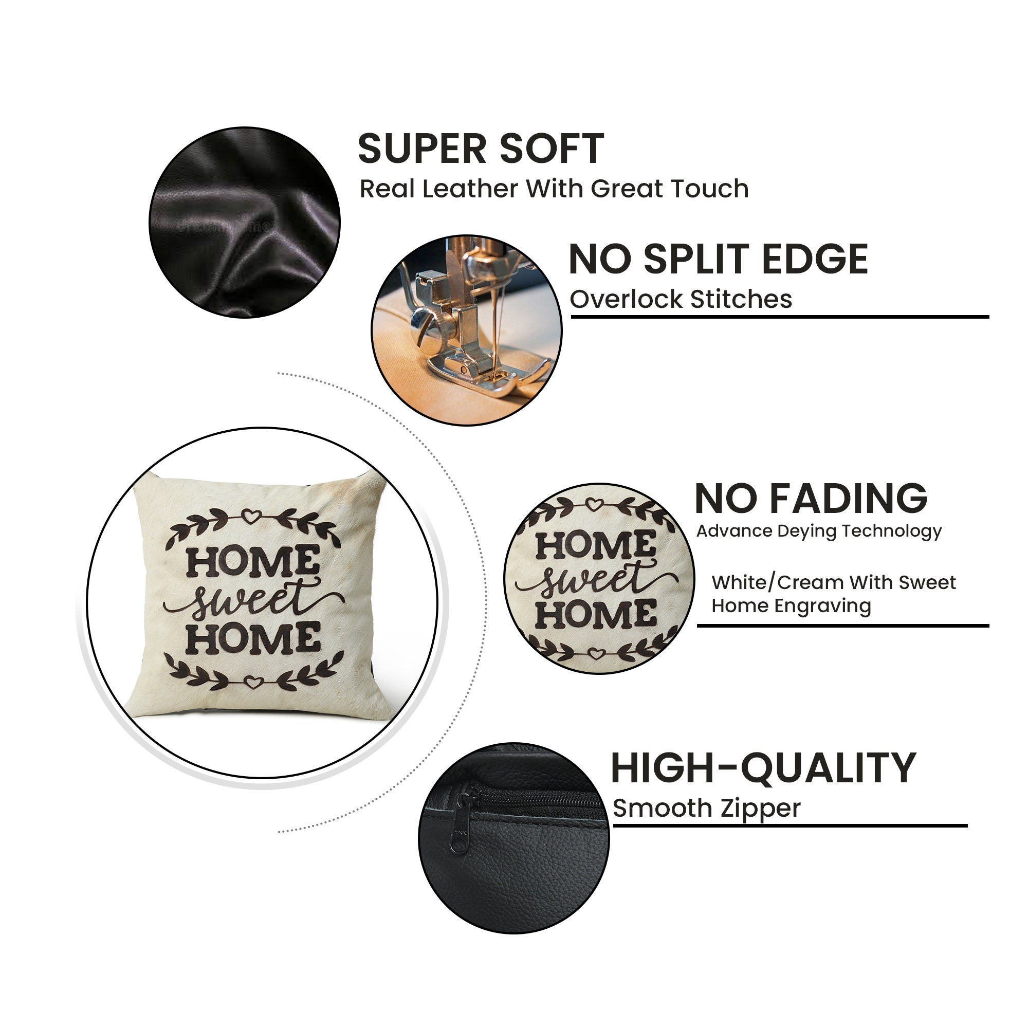 MOUSM Real Cowhide Leather Cushion Cover – 18x18 Inch Hair-On Decorative Pillow Cover with “Home Sweet Home” Quotation – Designer Throw Pillow Case for Sofa, Couch, Living Room & Bedroom