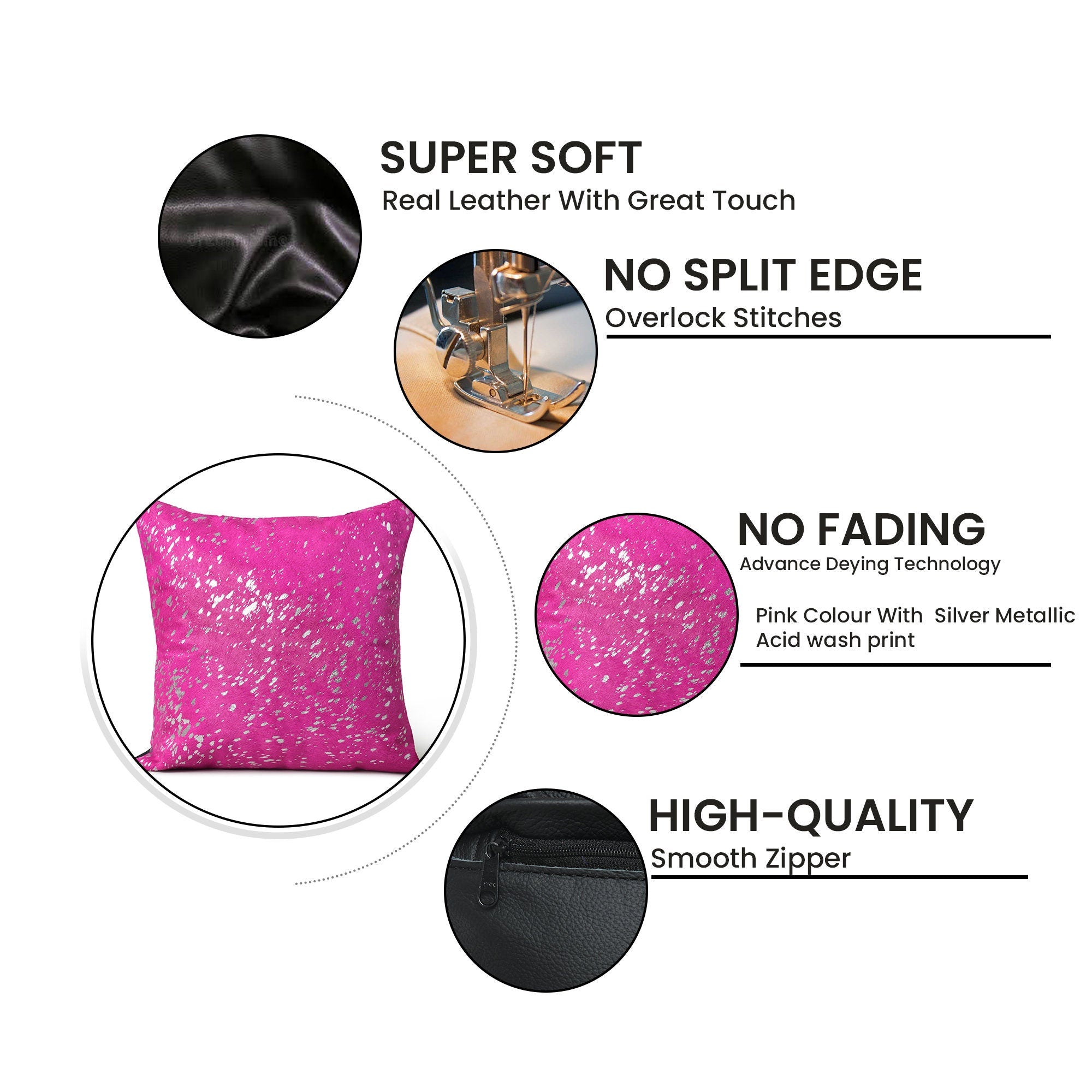 MOUSM Real Cowhide Leather Cushion Cover – 18x18 Inch Hair-On Decorative Pillow Cover with Metallic Spots – Designer Throw Pillow Case for Sofa, Couch, Living Room & Bedroom (Pink, Purple)