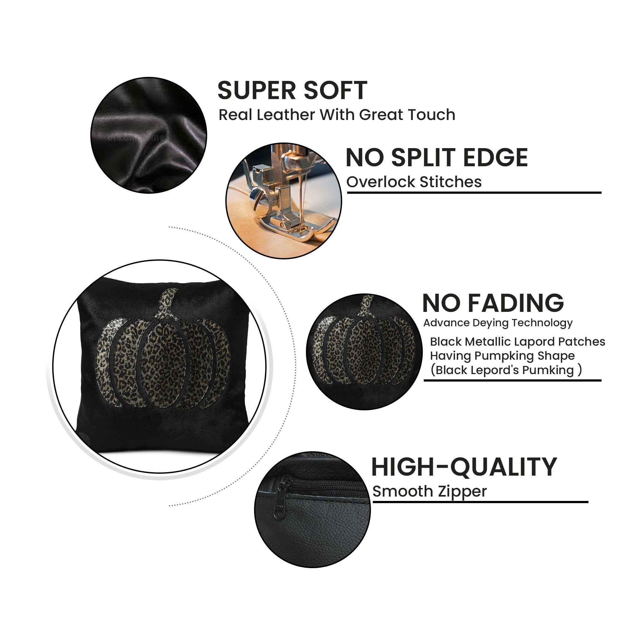 MOUSM Real Cowhide Leather Cushion Cover – 18x18 Inch Hair-On Decorative Pillow Cover with Holographic Leopard Print Pumpkin Design – Designer Throw Pillow Case for Sofa, Couch, Living Room & Bedroom (Black)