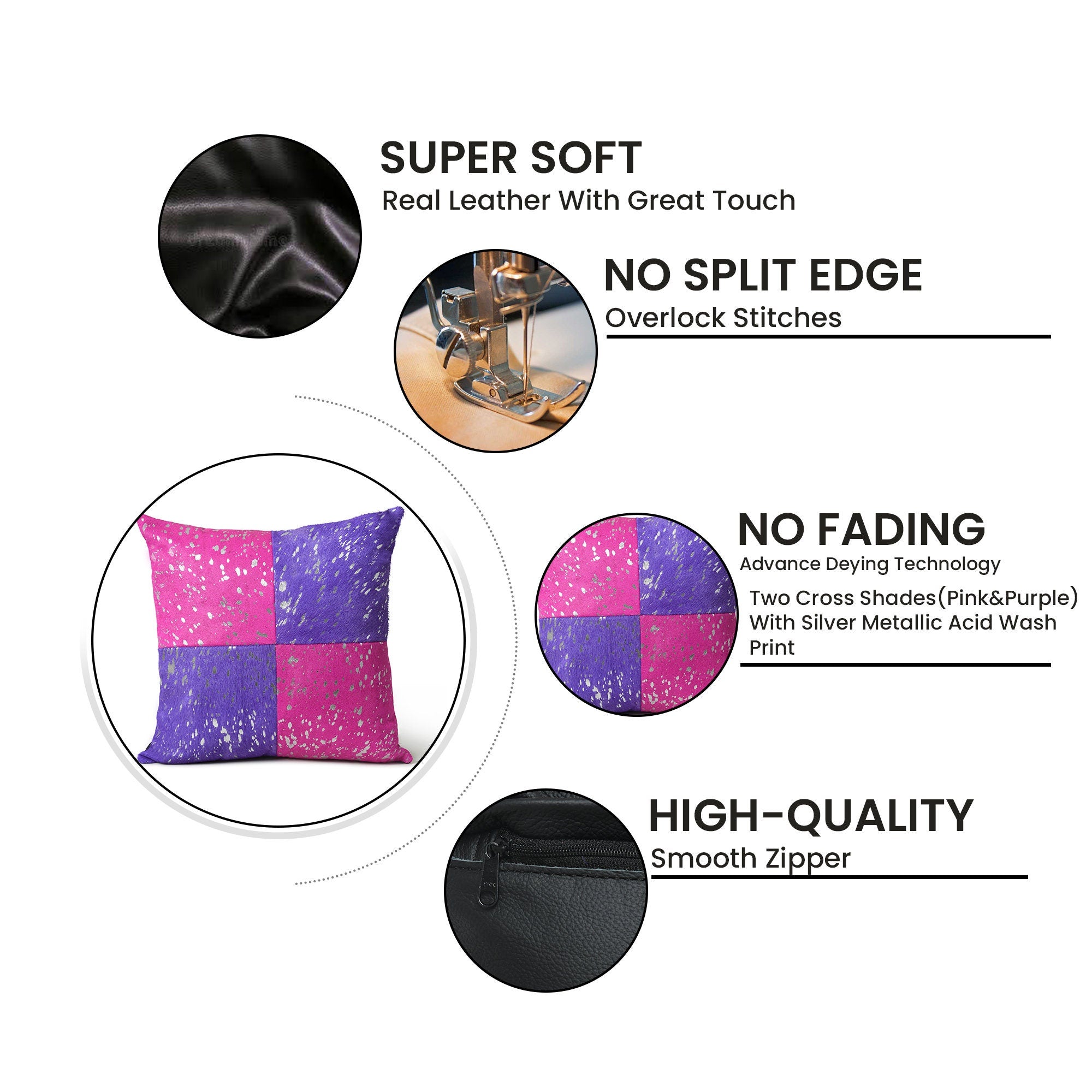 MOUSM Real Cowhide Leather Cushion Cover – 18x18 Inch Hair-On Decorative Pillow Cover with Two Cross Shades and Silver Metallic Acid Wash – Designer Throw Pillow Case for Sofa, Couch, Living Room & Bedroom