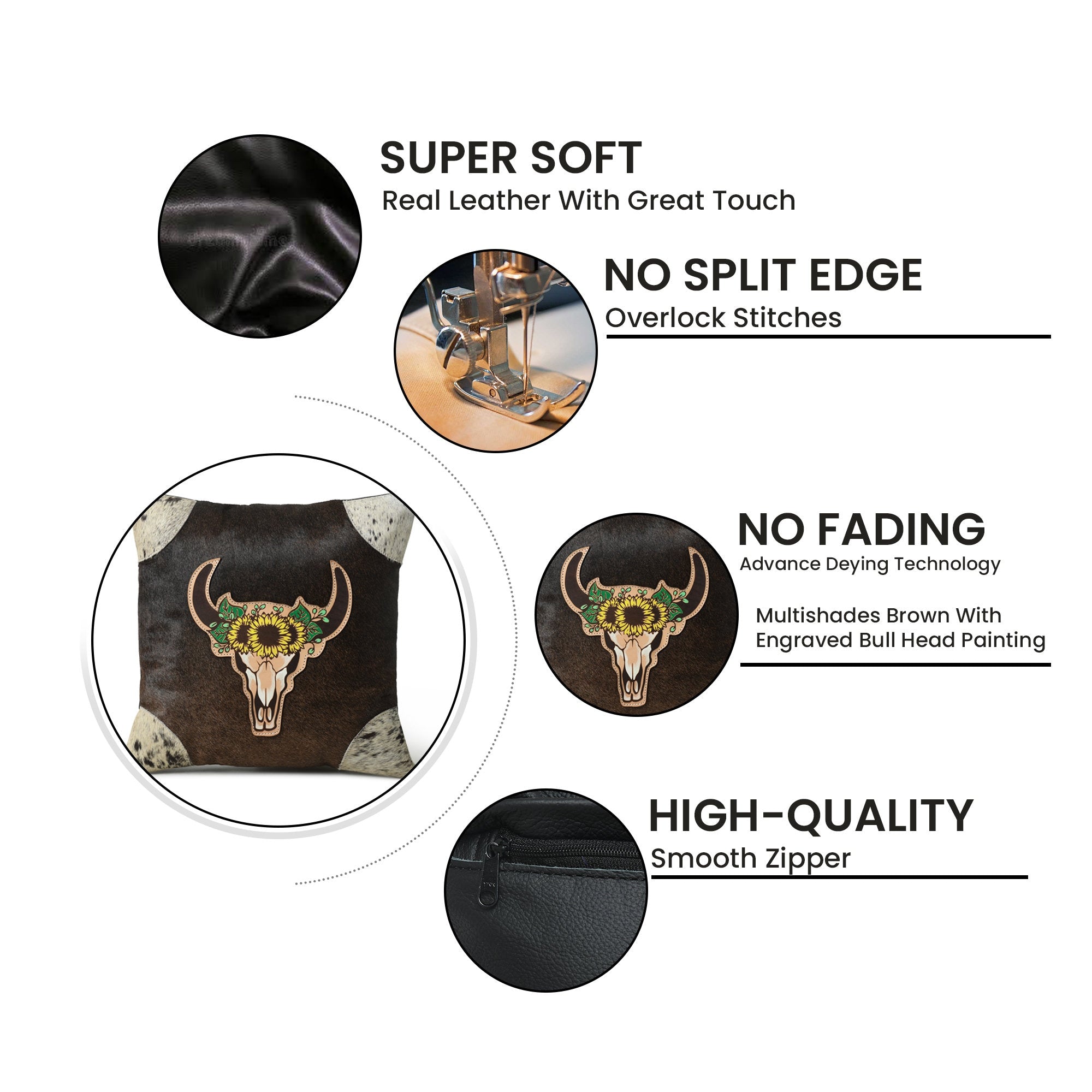 MOUSM Real Cowhide Leather Cushion Cover – 18x18 Inch Hair-On Decorative Pillow Cover with Bull Head Patch – Designer Throw Pillow Case for Sofa, Couch, Living Room & Bedroom (Brown)