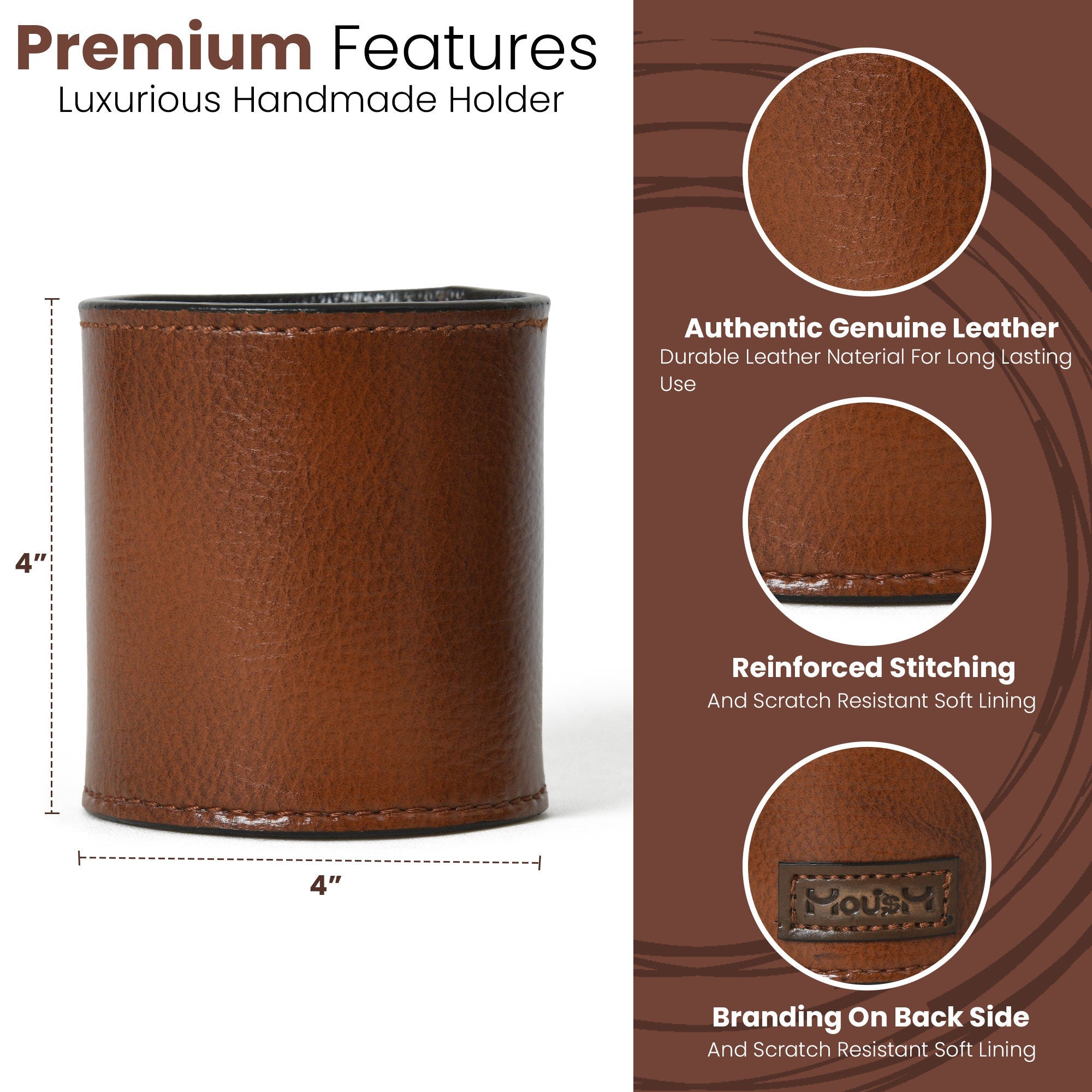 MOUSM Solid Brown Leather Pen Pot - Pen Holder - Pencil Holder - Desk Pen Holder