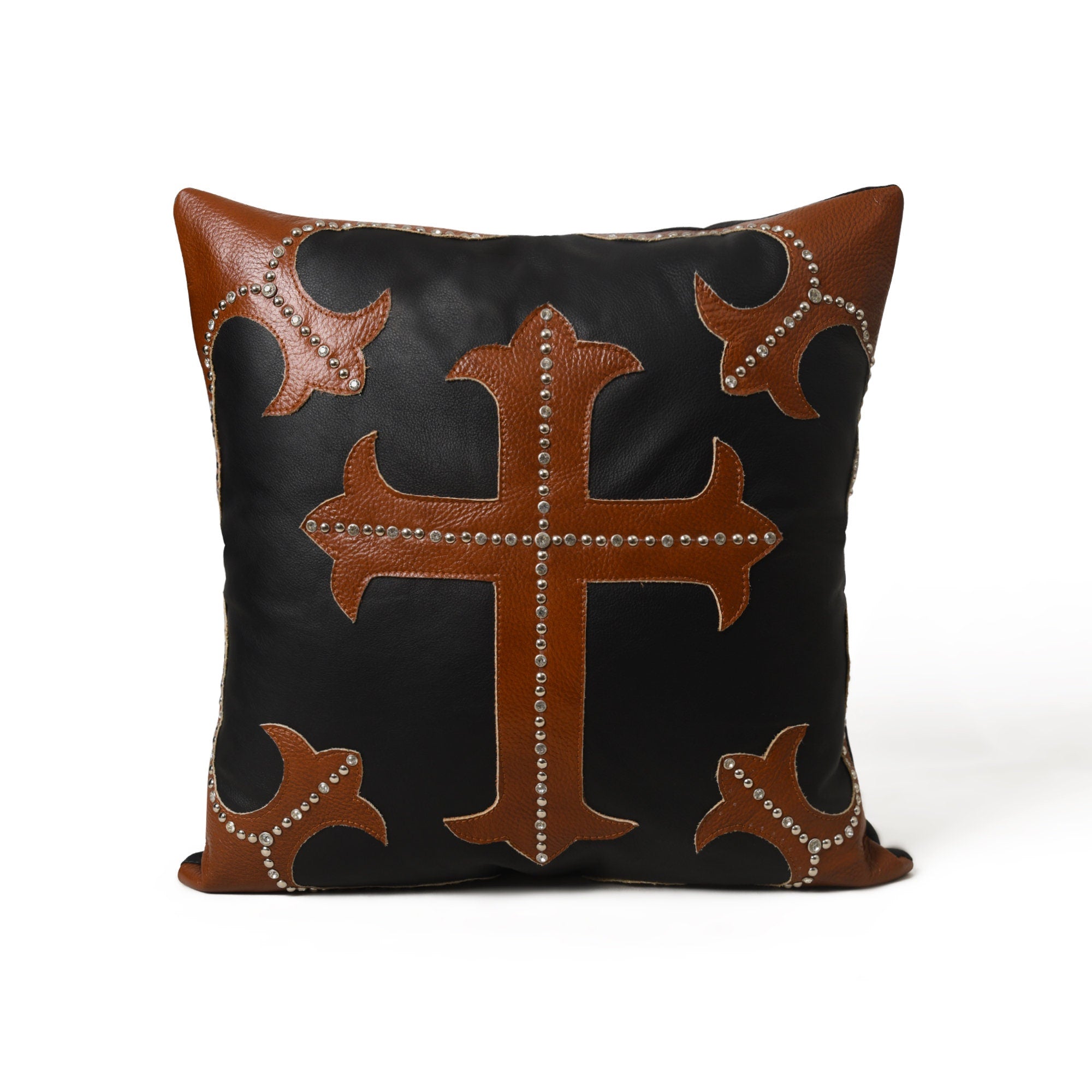 MOUSM Real Cowhide Leather Cushion Cover – 18x18 Inches Pillow Cover with Brown Cross Design Patch & Silver Rhinestone Studs – Designer Throw Pillow Cover for Sofa, Couch, Living Room & Bedroom (Black)