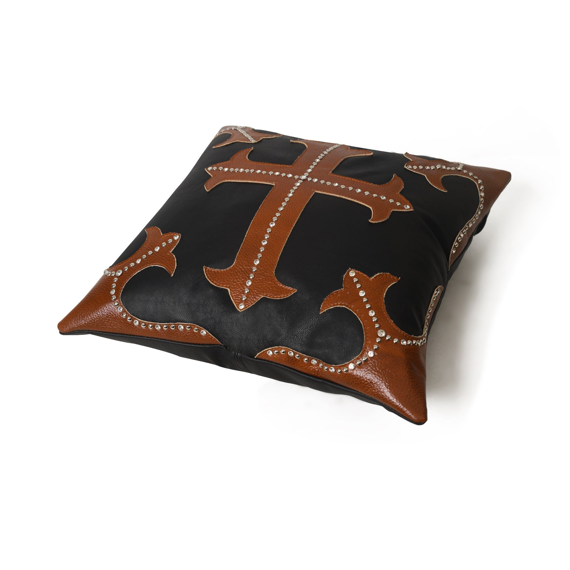 MOUSM Real Cowhide Leather Cushion Cover – 18x18 Inches Pillow Cover with Brown Cross Design Patch & Silver Rhinestone Studs – Designer Throw Pillow Cover for Sofa, Couch, Living Room & Bedroom (Black)