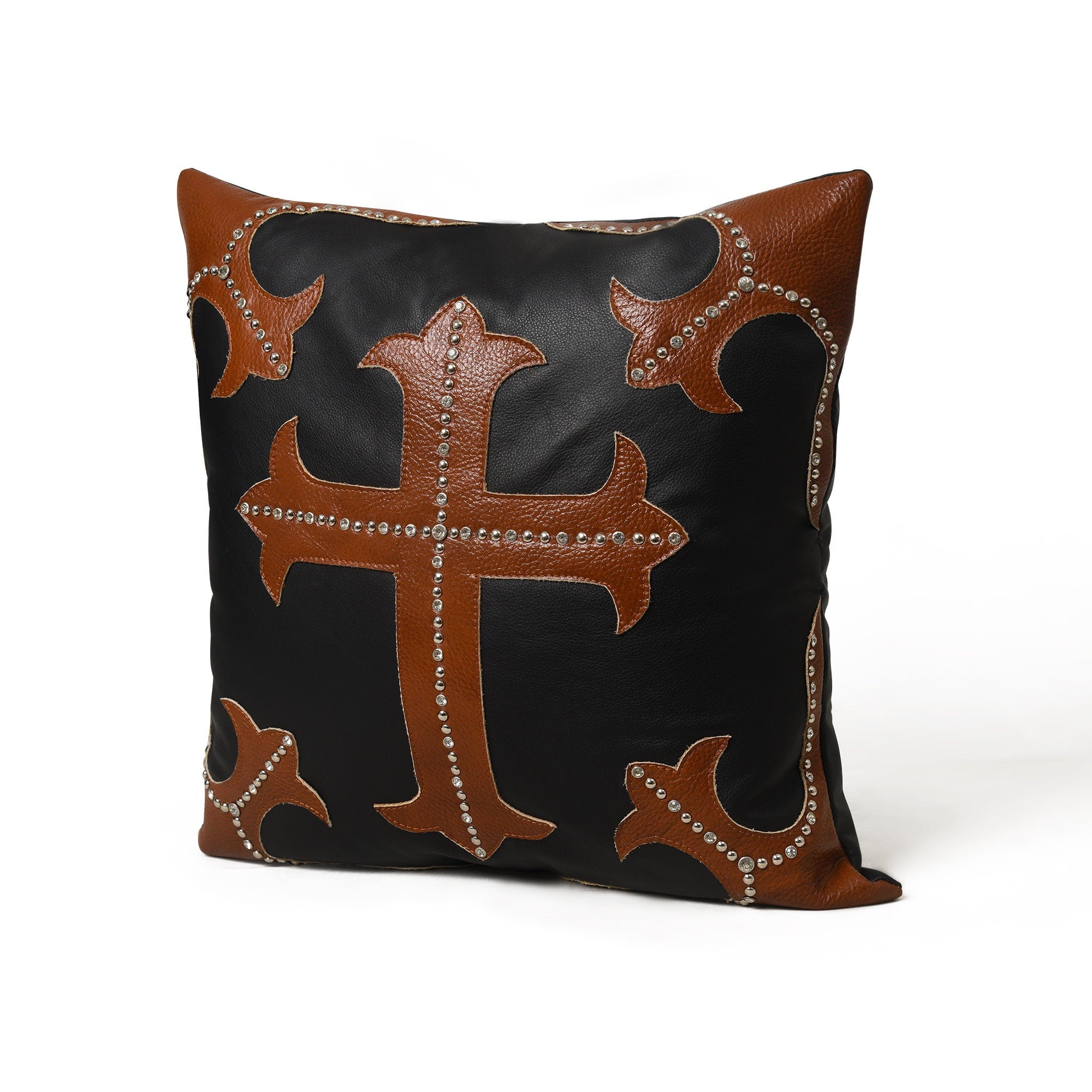 MOUSM Real Cowhide Leather Cushion Cover – 18x18 Inches Pillow Cover with Brown Cross Design Patch & Silver Rhinestone Studs – Designer Throw Pillow Cover for Sofa, Couch, Living Room & Bedroom (Black)