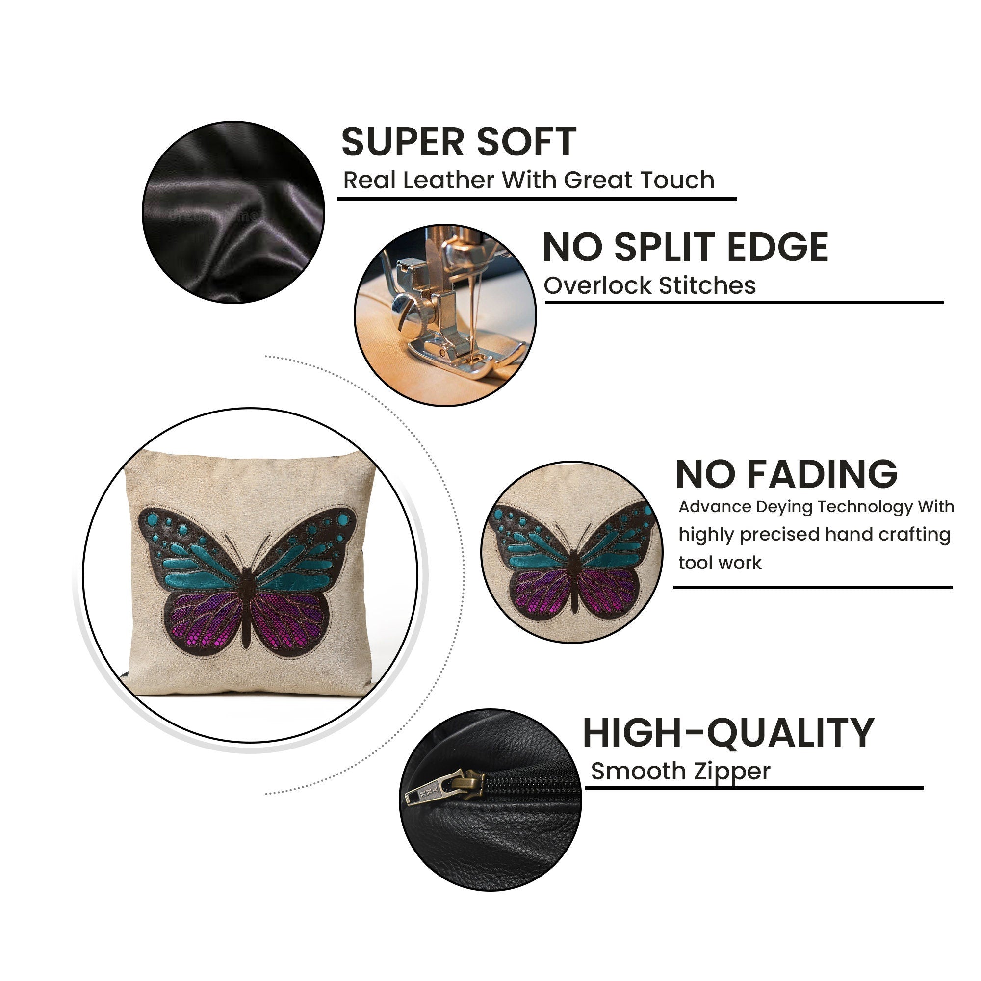 MOUSM Real Cowhide Leather Cushion Cover – 18x18 Inch Hair-On Pillow Cover with Colorful Butterfly Patch Handcrafted Decorative Throw Pillow Cover for Sofa, Couch, Living Room & Bedroom
