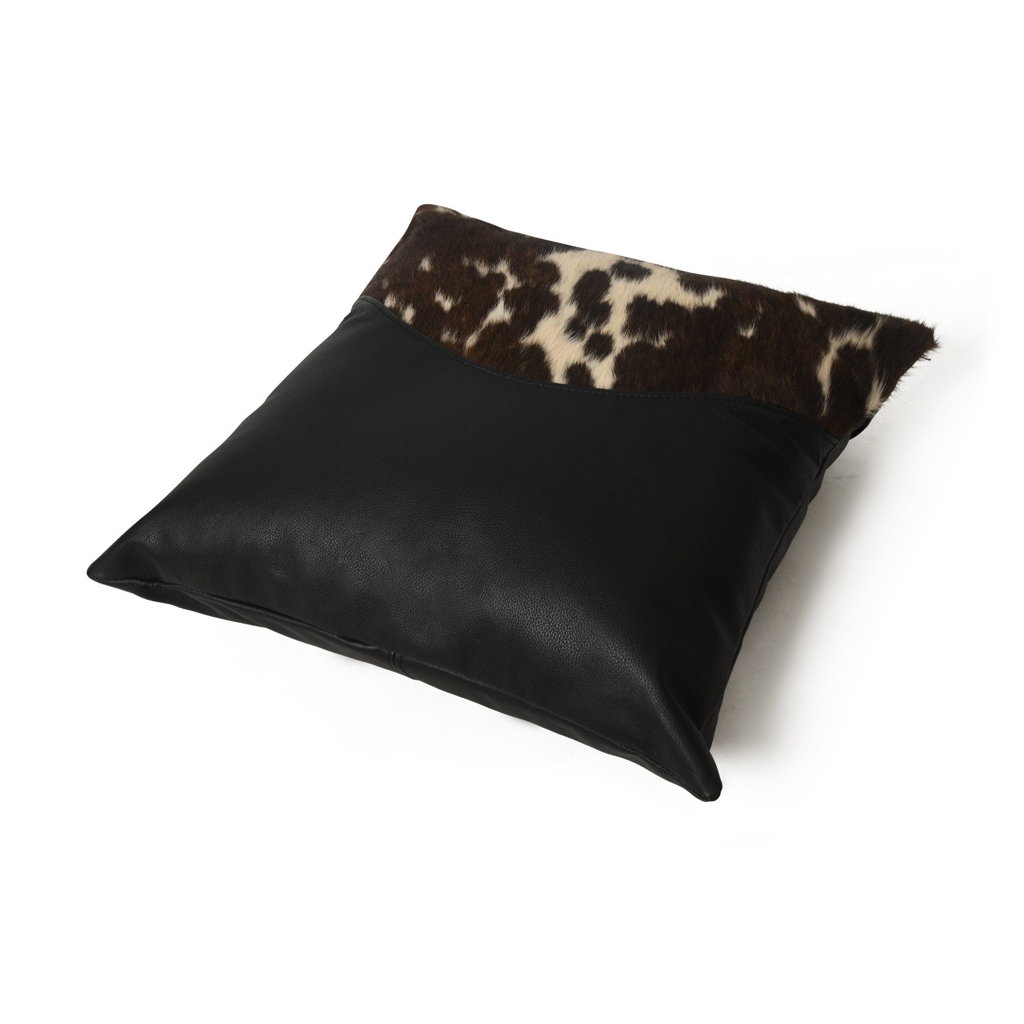 MOUSM Real Cowhide Leather Cushion Cover – 18x18 Inches Pillow Cover with Half Brown & White Spotted Cow Hair On and Smooth Black Leather Base – Designer Throw Pillow Case for Sofa, Couch, Living Room & Bedroom