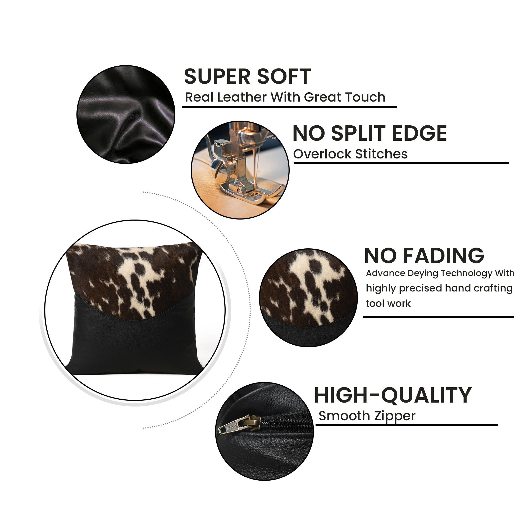 MOUSM Real Cowhide Leather Cushion Cover – 18x18 Inches Pillow Cover with Half Brown & White Spotted Cow Hair On and Smooth Black Leather Base – Designer Throw Pillow Case for Sofa, Couch, Living Room & Bedroom