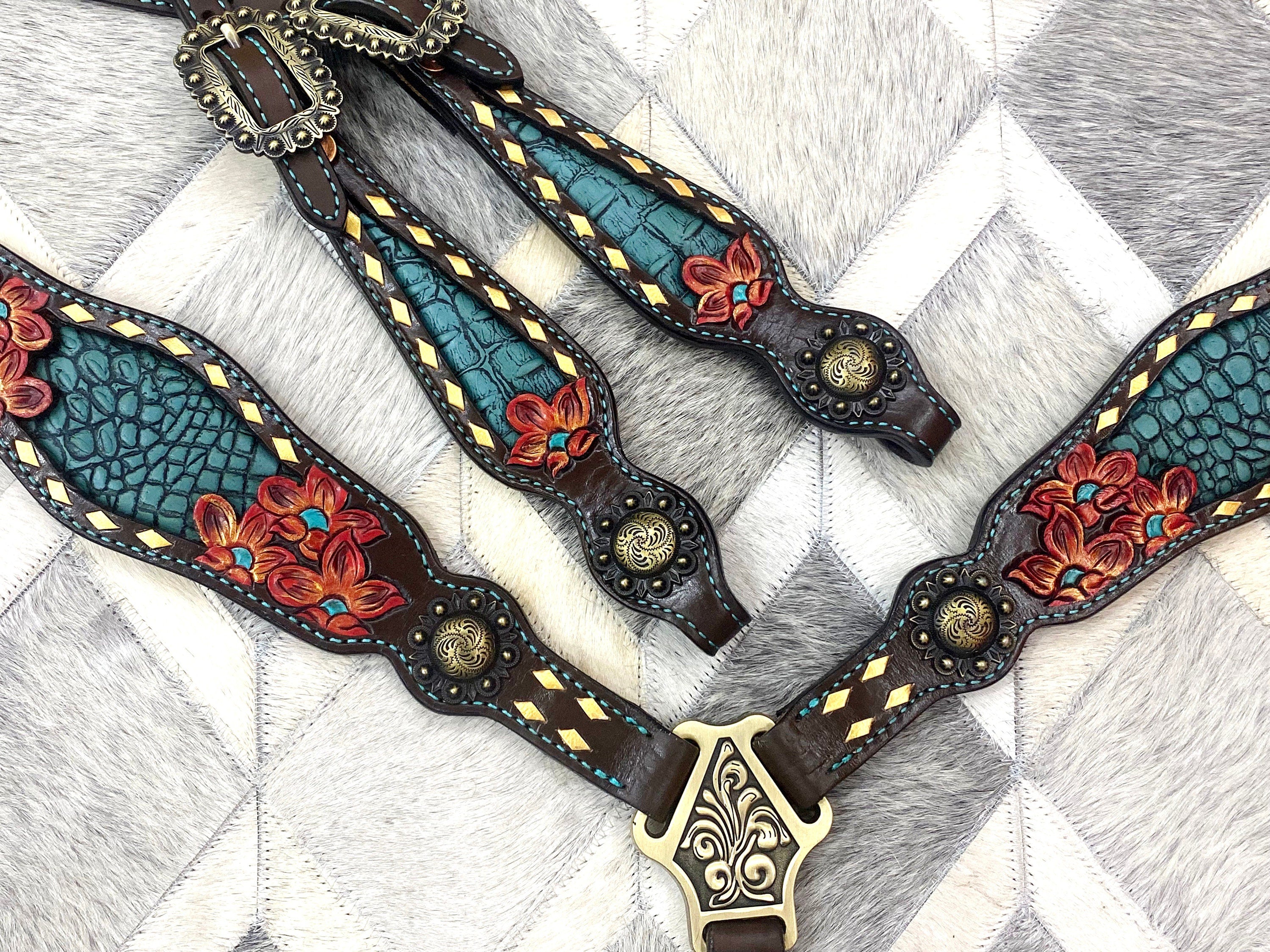MOUSM Western Horse Tack Set - Made with Argentina Cow leather, Headstall & Breast Collar Set Decorated with Hand-Carved & Painted Floral Design, Buckles with Turquoise Stones, and Turquoise Leather Inlay