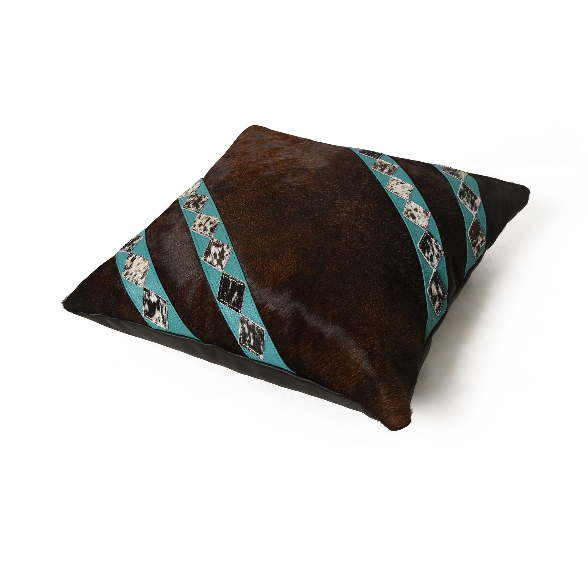 MOUSM Real Cowhide Leather Cushion Cover – 18x18 Inches Hair-On Brown Leather Pillow Cover with Turquoise Corner Stripes Patch and Natural Cowhide Stitched Over the Strips – Designer Throw Pillow Case for Sofa, Couch, Living Room & Bedroom