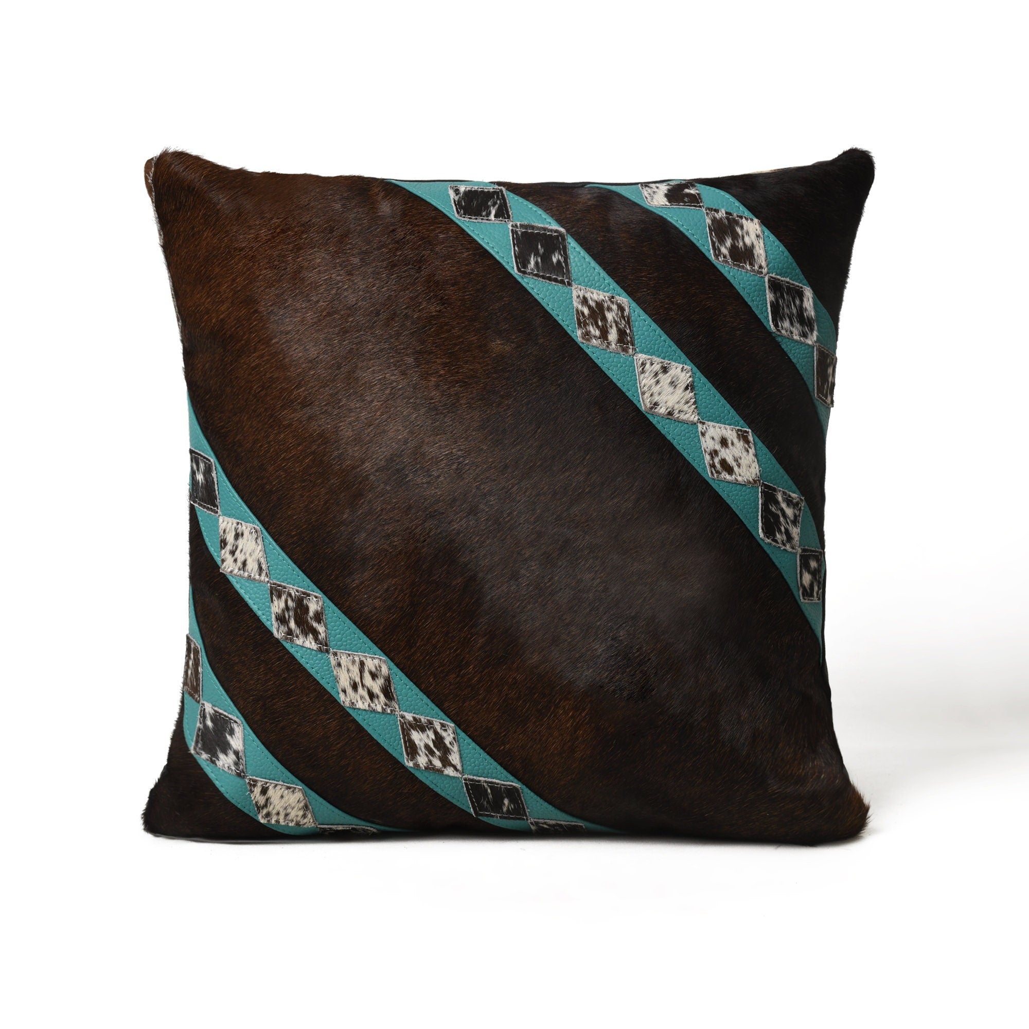 MOUSM Real Cowhide Leather Cushion Cover – 18x18 Inches Hair-On Brown Leather Pillow Cover with Turquoise Corner Stripes Patch and Natural Cowhide Stitched Over the Strips – Designer Throw Pillow Case for Sofa, Couch, Living Room & Bedroom