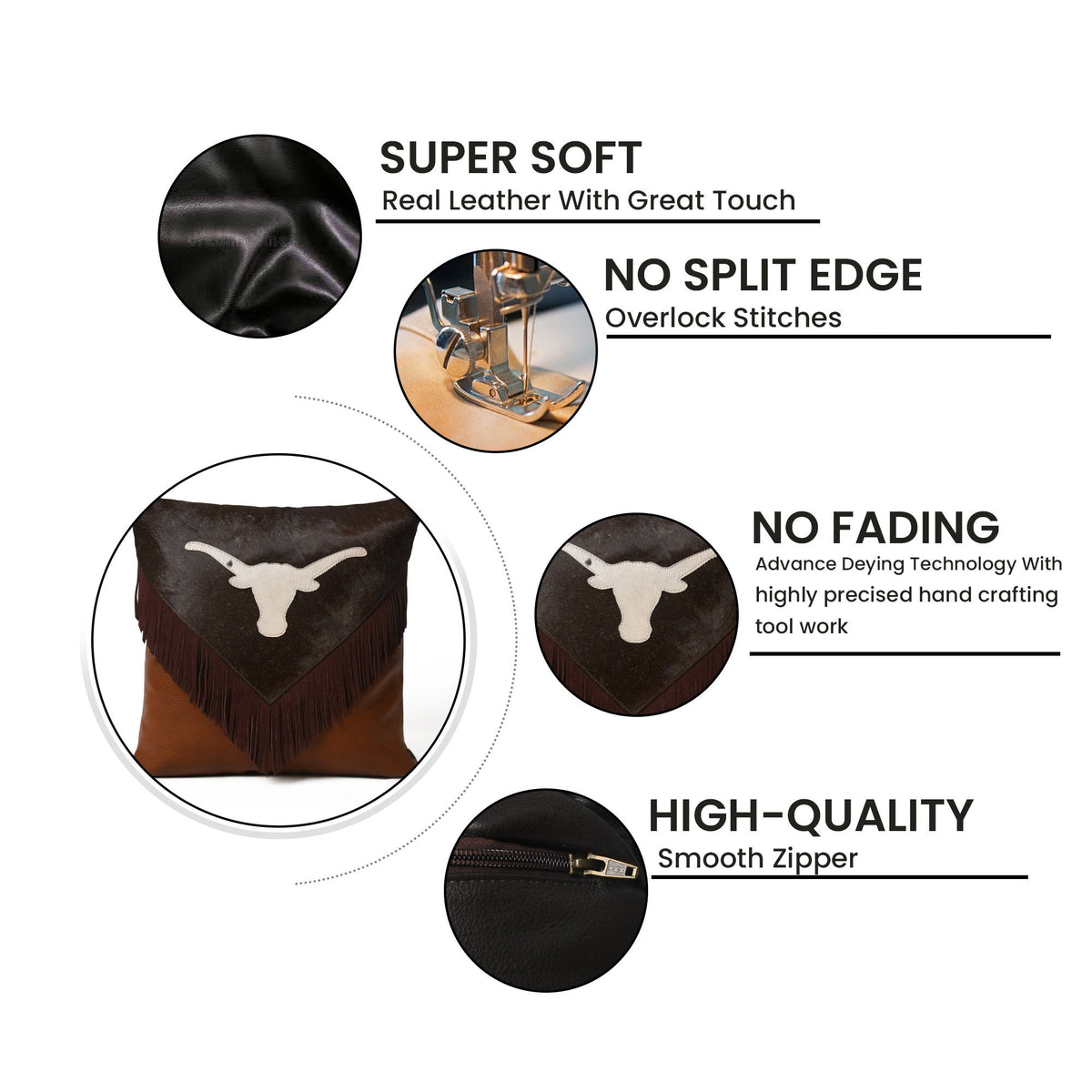 MOUSM Real Cowhide Leather Cushion Cover – 18x18 Inch Hair-On Leather Pillow Cover with Bull Head Design Patch and Chocolate Brown Fringe – Western Decorative Throw Pillow Case for Sofa, Couch, Living Room & Bedroom