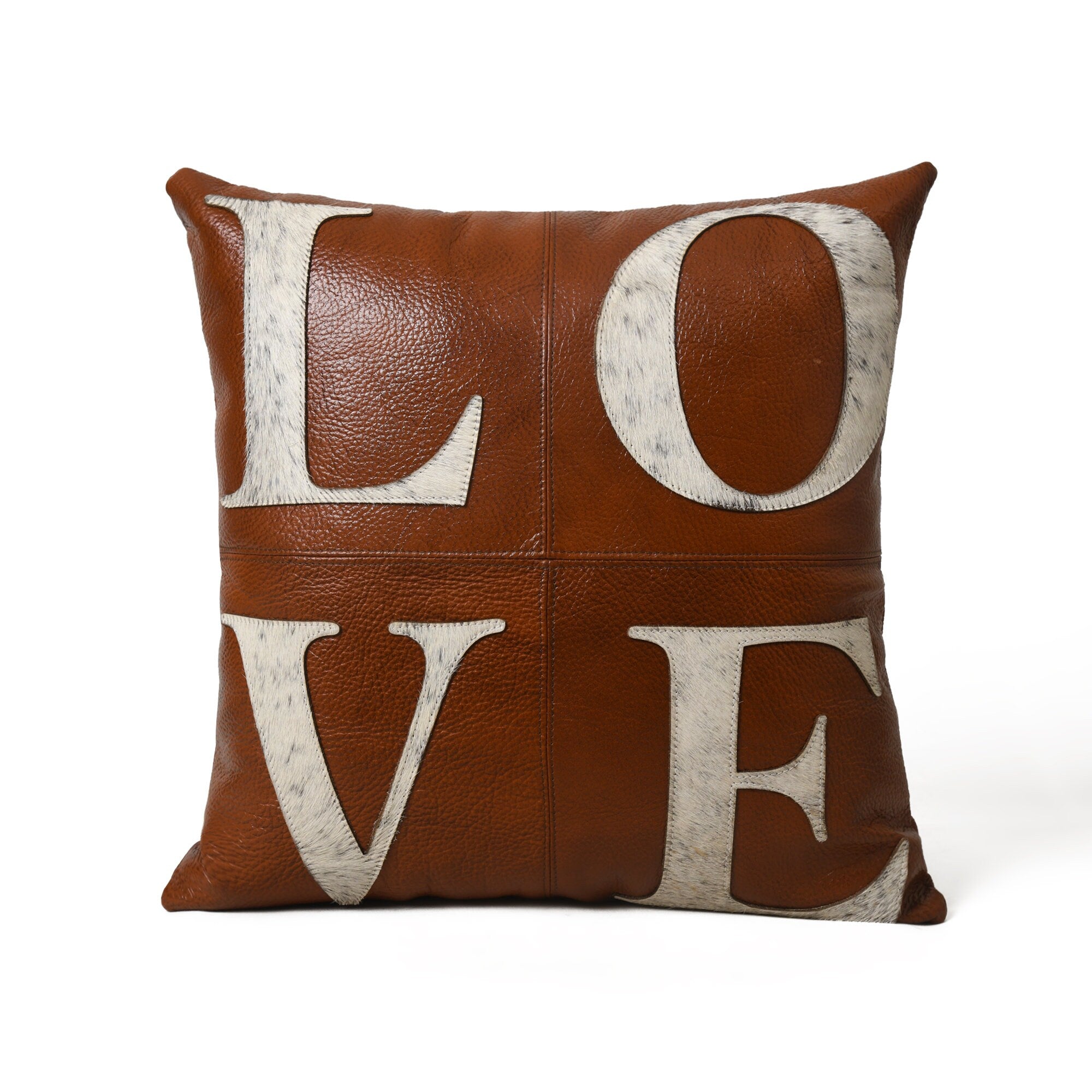 MOUSM Real Cowhide Leather Cushion Cover – 18x18 Inches Tan Leather Pillow Cover with Hair On LOVE Patch Design – Designer Throw Pillow Case for Sofa, Couch, Living Room & Bedroom