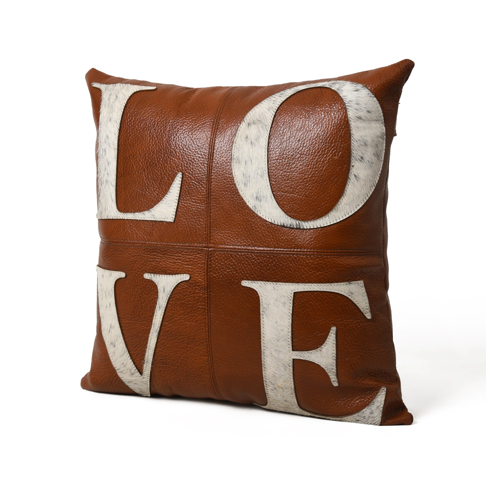 MOUSM Real Cowhide Leather Cushion Cover – 18x18 Inches Tan Leather Pillow Cover with Hair On LOVE Patch Design – Designer Throw Pillow Case for Sofa, Couch, Living Room & Bedroom