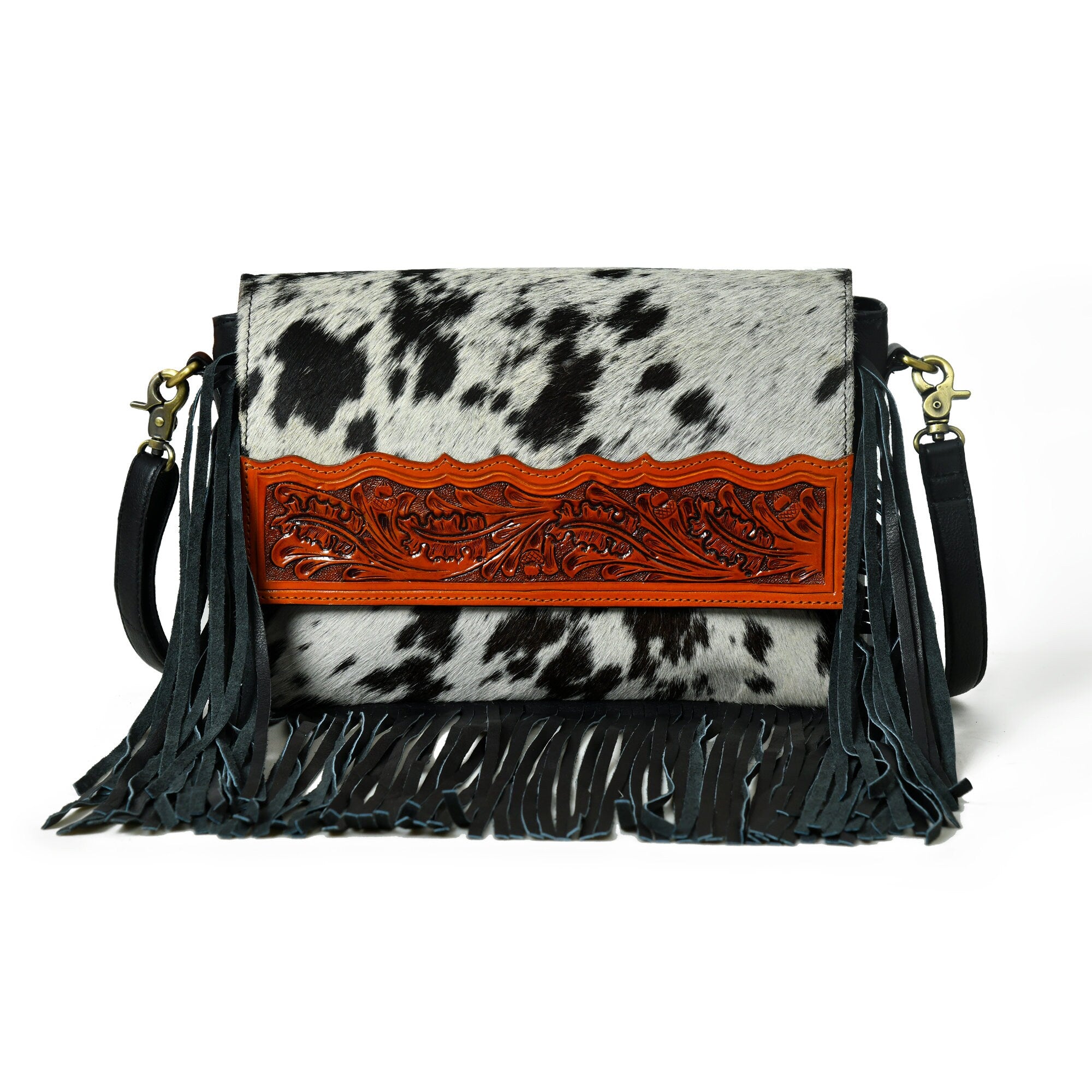 MOUSM Genuine Hair-On Cow Hide Leather Crossbody Bag - Leather Purse for Women with Hand-Tooled Leather Patch with Long Black Fringe Bag, High-Quality Zipper Closure with Removable and Adjustable Strap