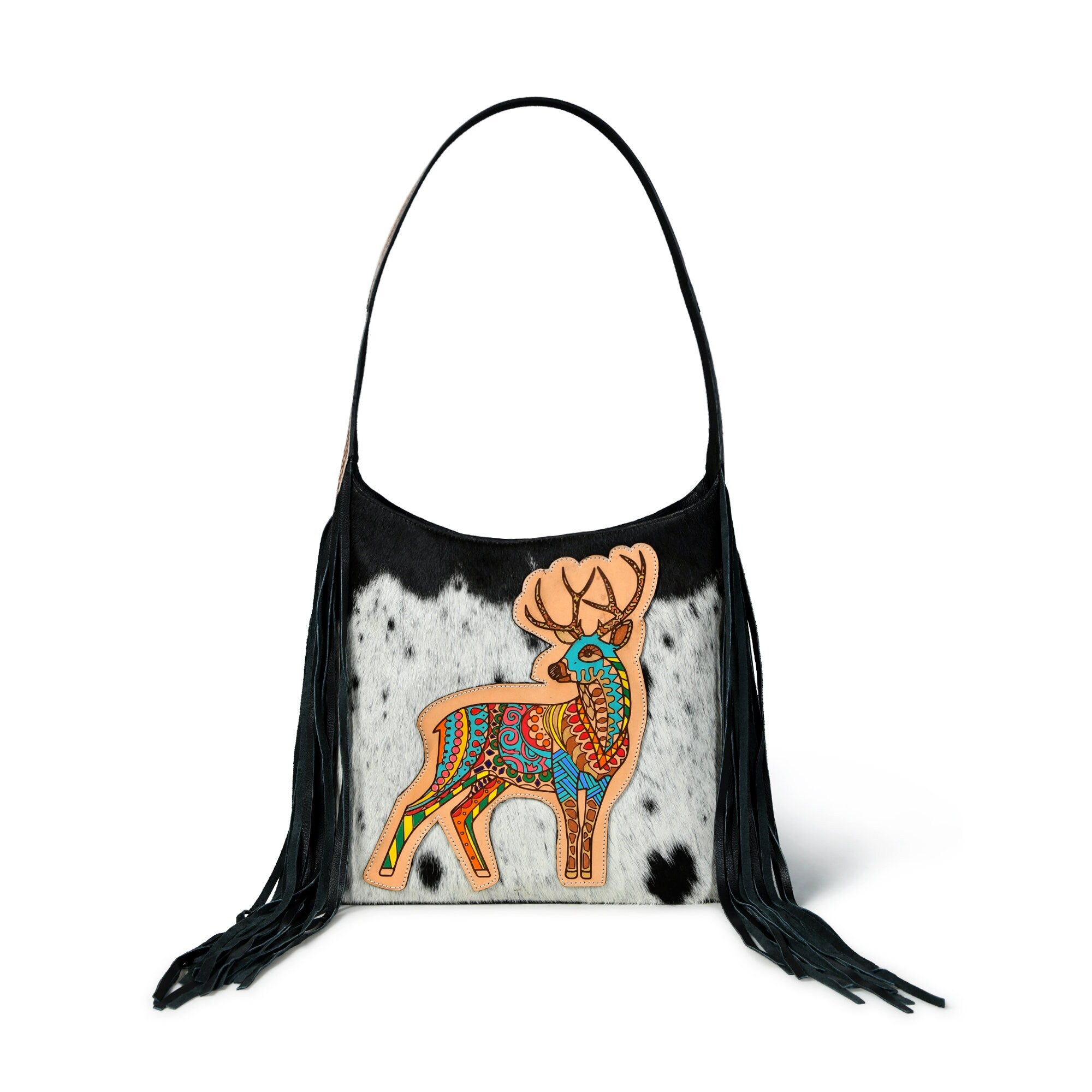 MOUSM Genuine Cowhide Leather Shoulder Bag for Women - Colorful Deer Print Patch on Real Hair-On Cow Hide Front with Long Black Leather Fringe Both Sides, High-Quality Zipper Closure