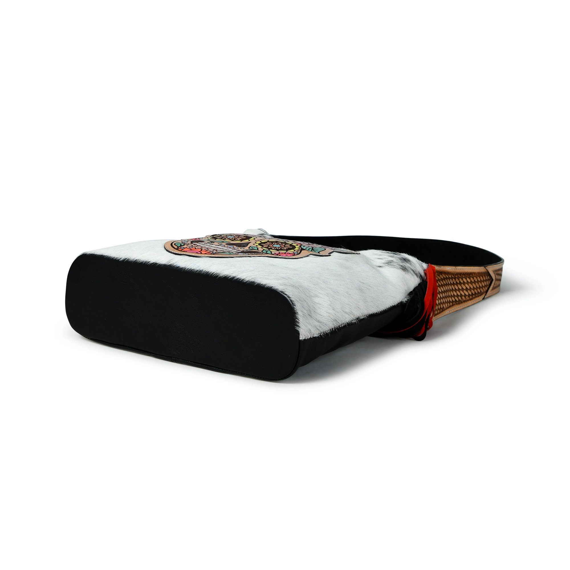 MOUSM Genuine Cow Hide Leather Shoulder Bag for Women - Decorated with Hand-Painted Sugar- Skull Leather Patch on Real Hair-On Cow Hide Front with Red-Black Fringe, High-Quality Zipper Closure