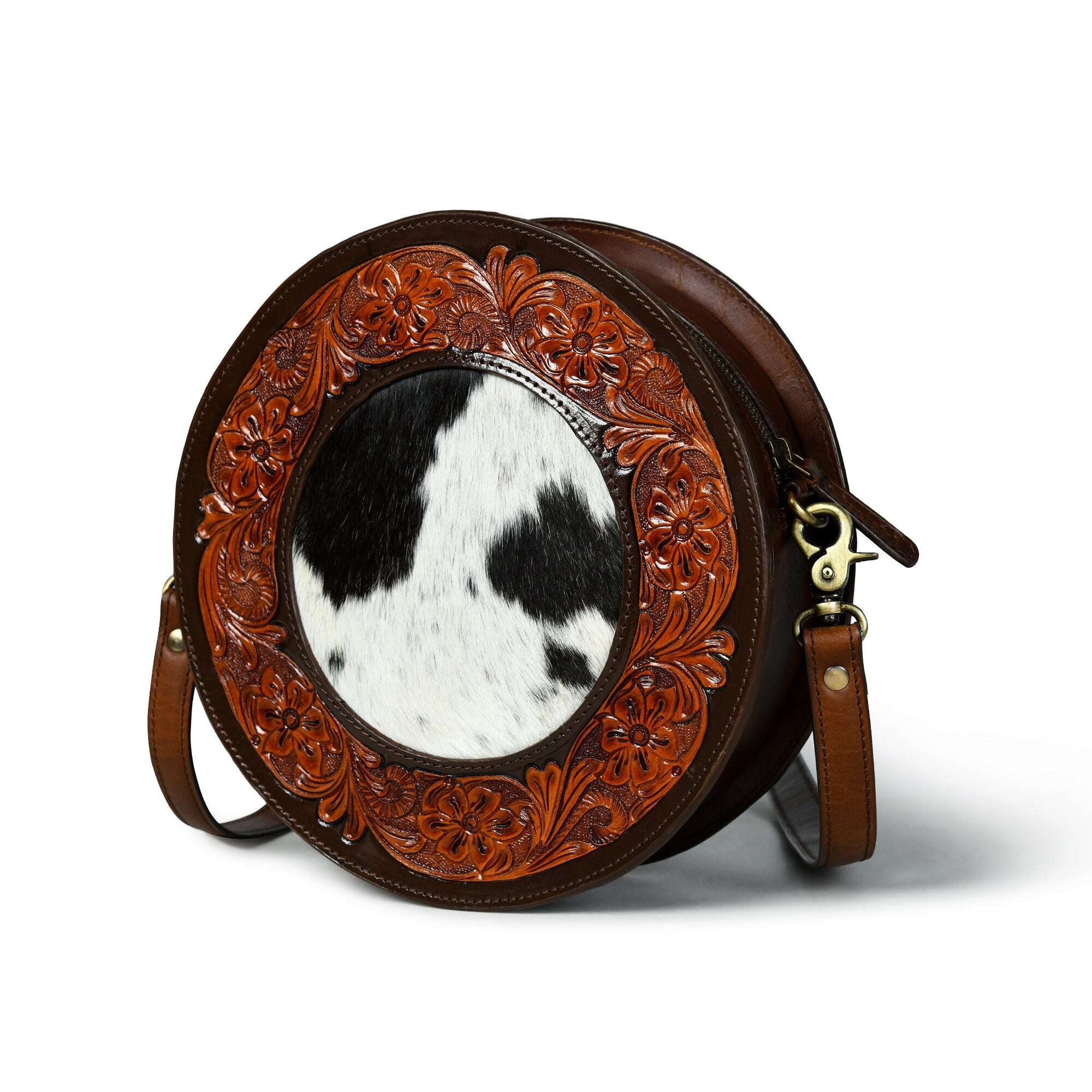 MOUSM Genuine Leather Crossbody Bag for Women - Small Round Ladies Bag with Hand-Tooled Floral Border on Real Hair-On Cow Hide Front with Detachable Fringe, High-Quality Zipper Closure with Removable and Adjustable Strap