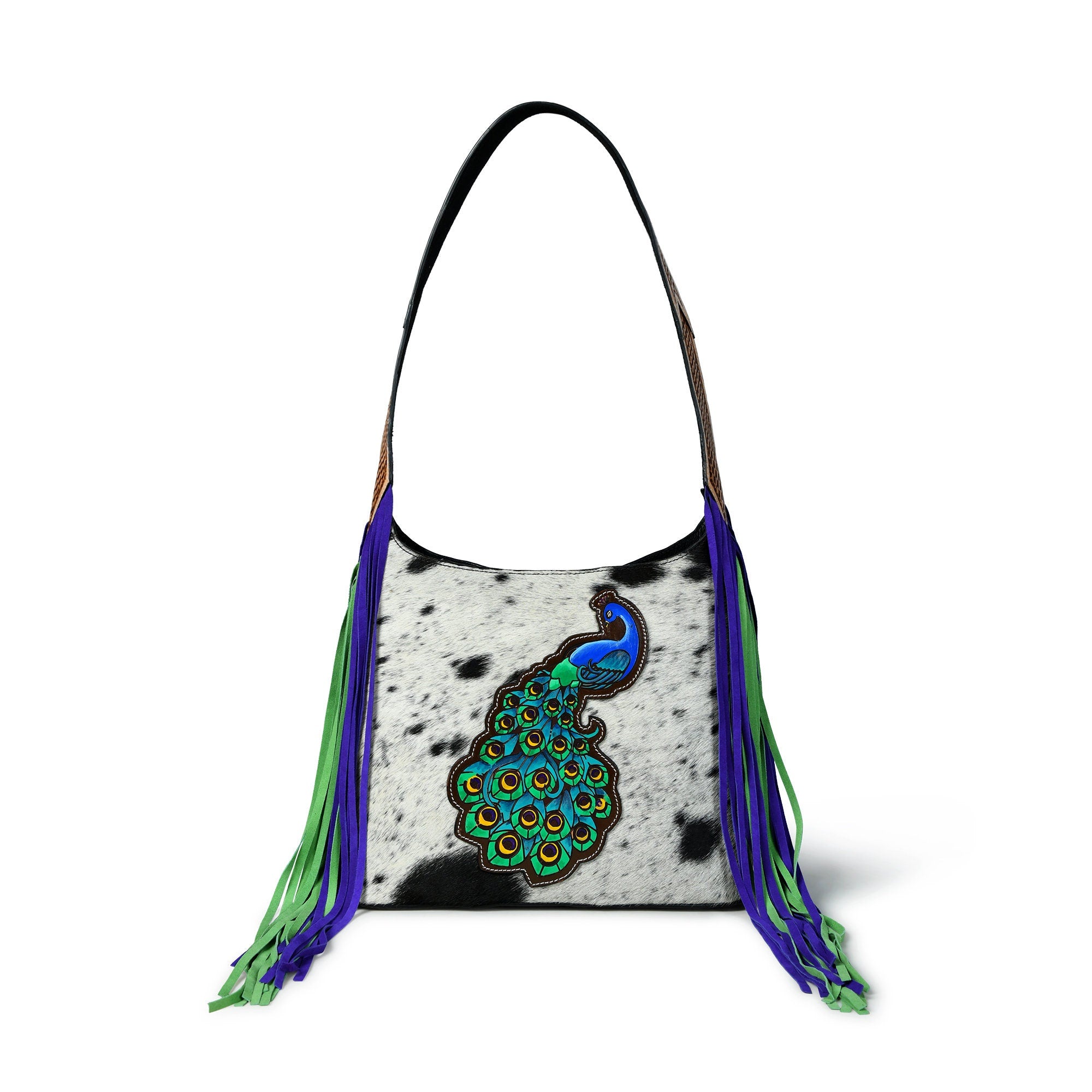MOUSM Genuine Cowhide Leather Shoulder Bag - Ladies Bag with Beautiful Peacock Patch on Real Hair-On Cow Hide Front & Long Navy Blue and Green Fringe on Both Sides, High-Quality Zipper Closure