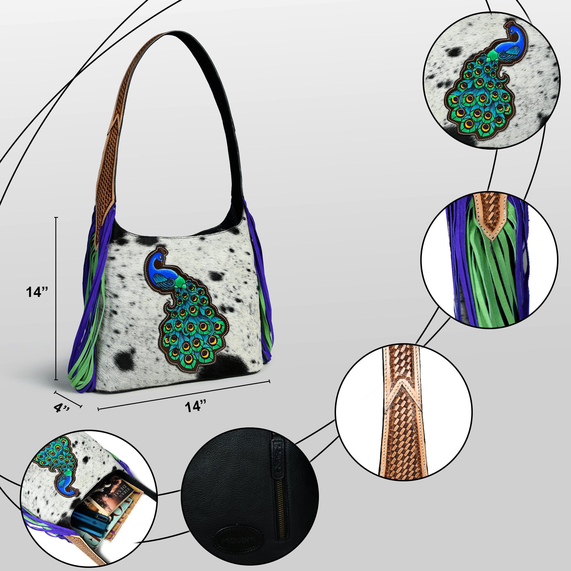 MOUSM Genuine Cowhide Leather Shoulder Bag - Ladies Bag with Beautiful Peacock Patch on Real Hair-On Cow Hide Front & Long Navy Blue and Green Fringe on Both Sides, High-Quality Zipper Closure