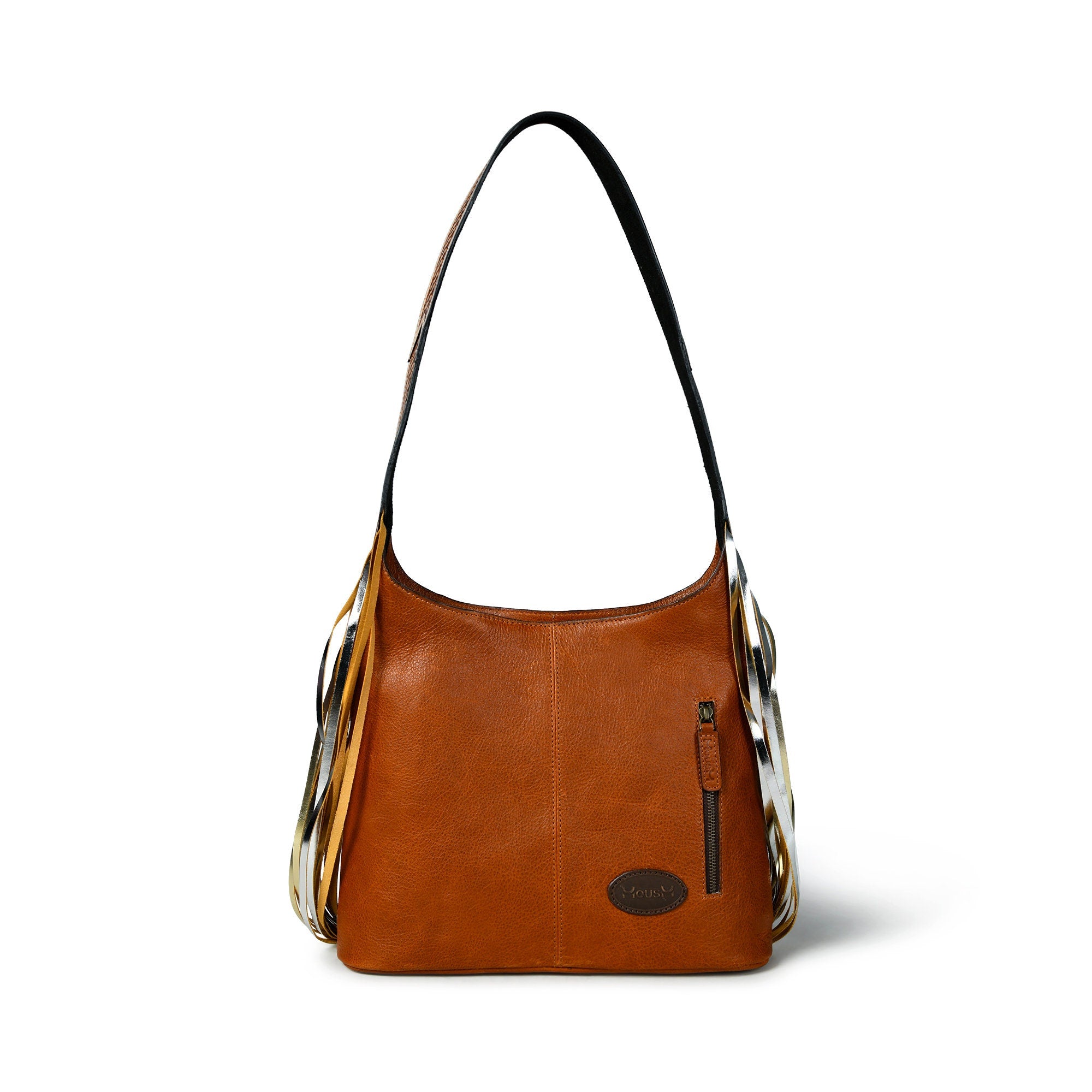 MOUSM Genuine Cow Hide Leather Shoulder Bag for Women - Wolf Doodle Art Patch with Golden-Silver-Bronze Metallic Paint on Real Hair-On Cow Hide Front & Fringe on Both Sides, High-Quality Zipper Closure