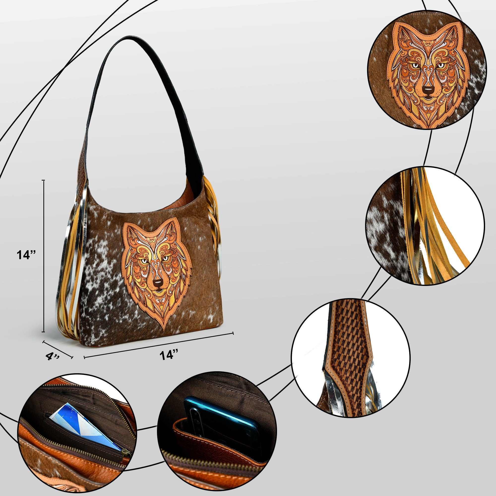 MOUSM Genuine Cow Hide Leather Shoulder Bag for Women - Wolf Doodle Art Patch with Golden-Silver-Bronze Metallic Paint on Real Hair-On Cow Hide Front & Fringe on Both Sides, High-Quality Zipper Closure