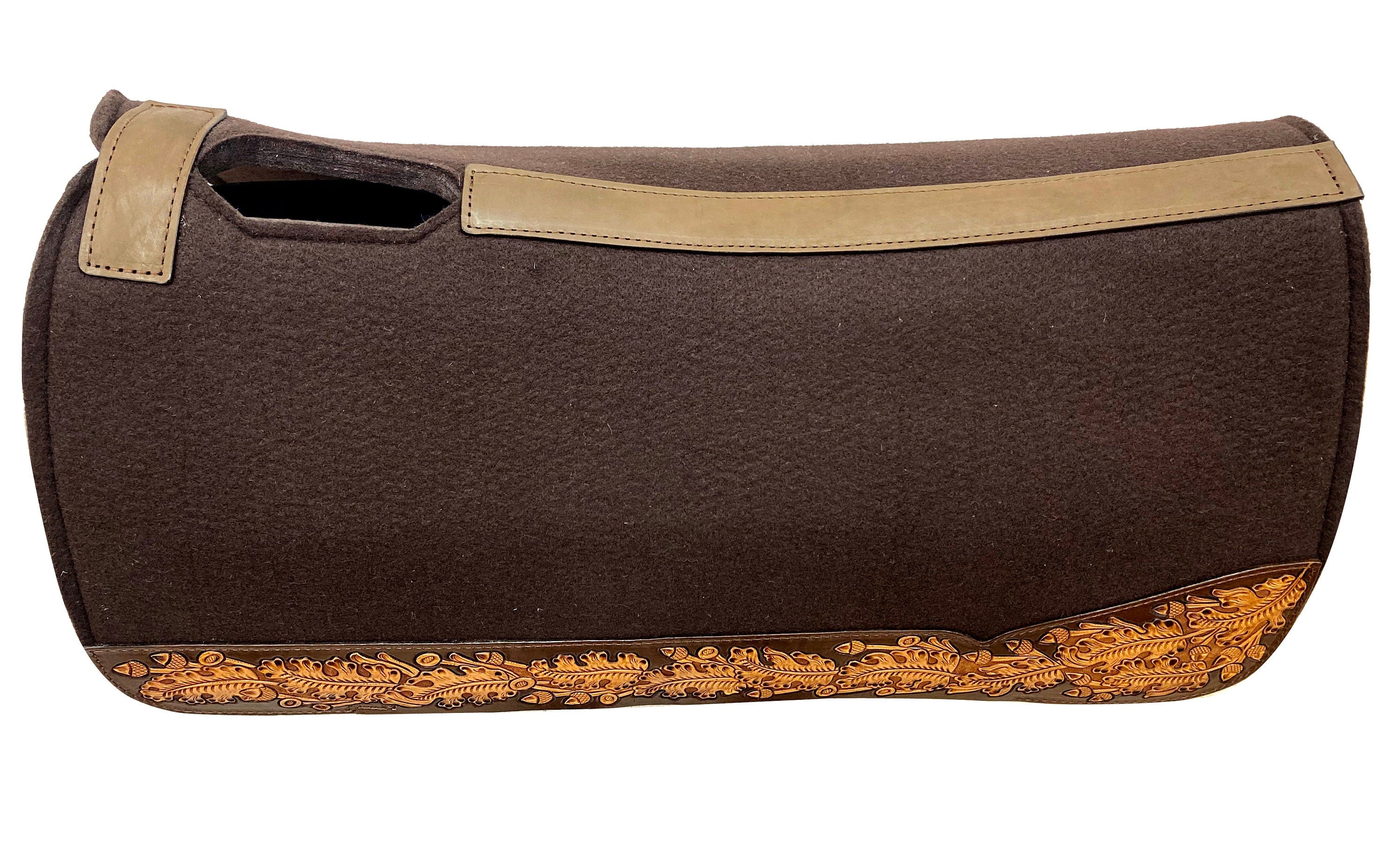 MOUSM Western Saddle Pad - Saddle Pad for Horses Synthetic Wool Blend Brown Felt with Hand-Tooled Oak Leaf Carving on Real Cow Hide Leather, Comfortable Saddle Pads