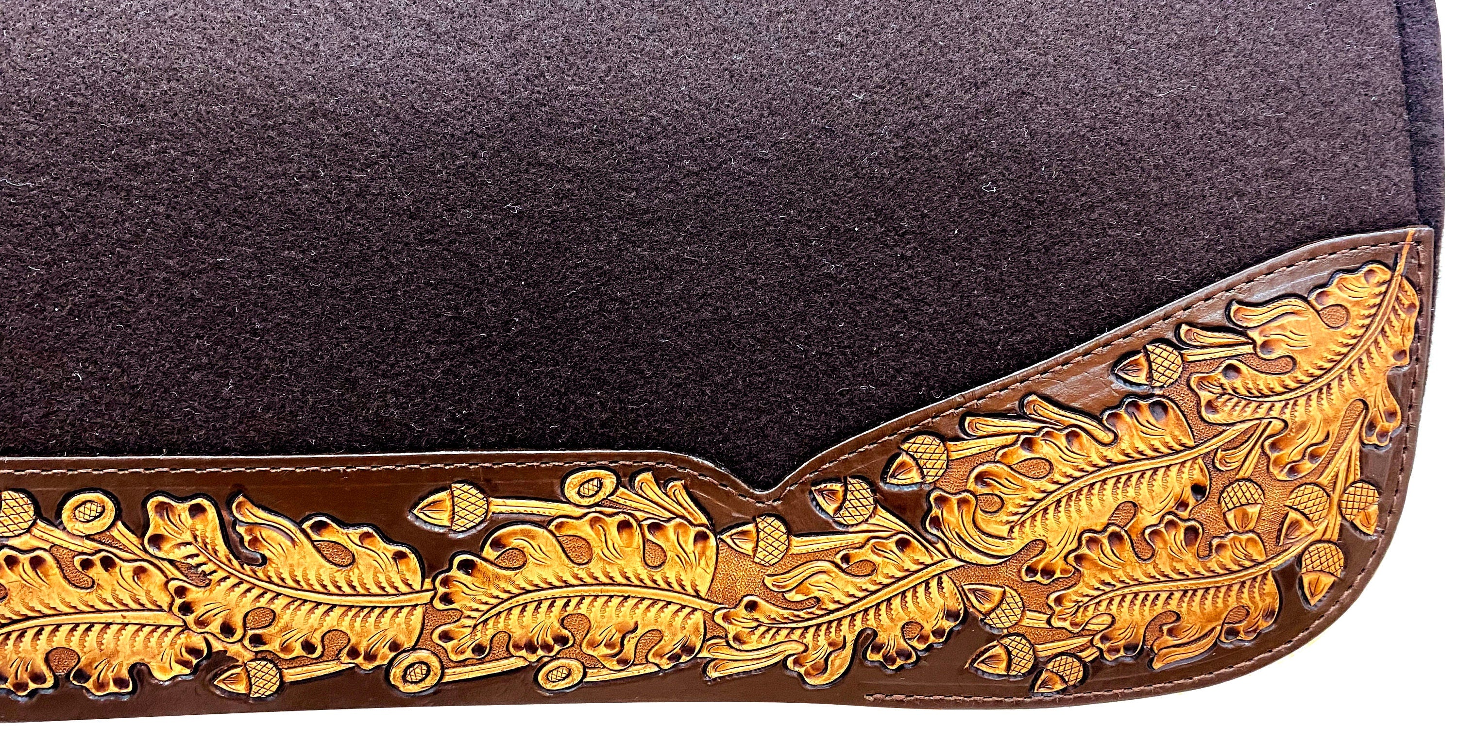 MOUSM Western Saddle Pad - Saddle Pad for Horses Synthetic Wool Blend Brown Felt with Hand-Tooled Oak Leaf Carving on Real Cow Hide Leather, Comfortable Saddle Pads