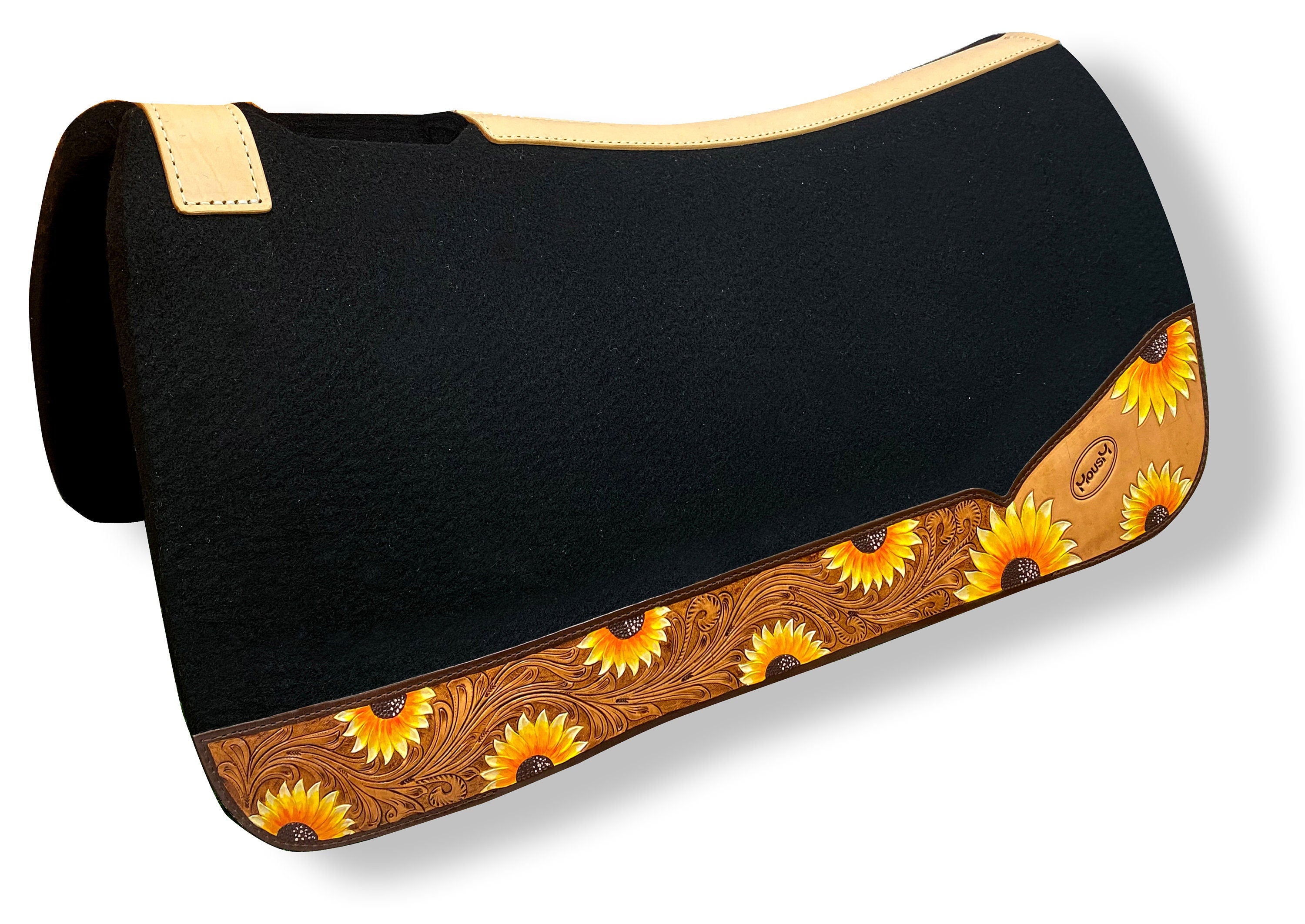MOUSM Western Saddle Pad - Saddle Pad for Horses Synthetic Wool Blend Black Felt with Hand-Tooled & Painted Sunflower Carving on Real Cow Hide Leather, Comfortable Horse Riding Pad