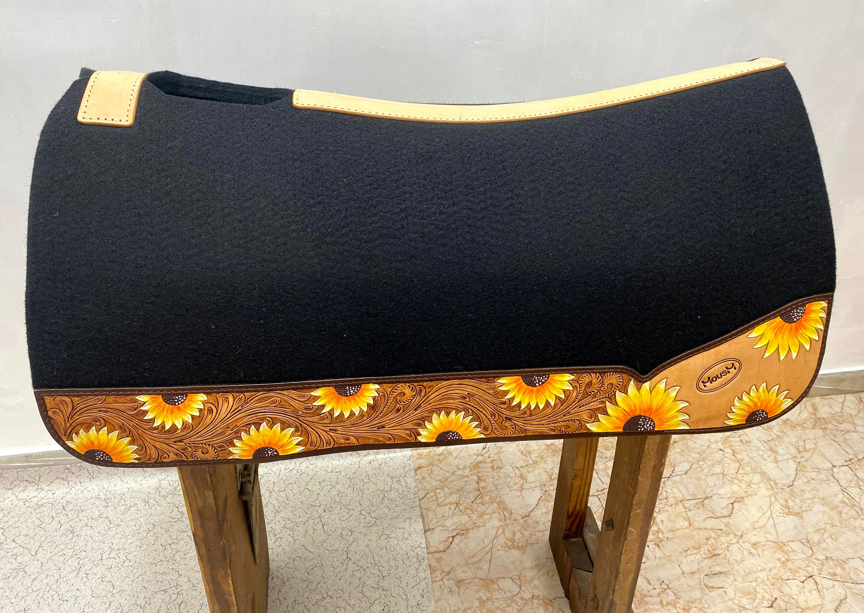 MOUSM Western Saddle Pad - Saddle Pad for Horses Synthetic Wool Blend Black Felt with Hand-Tooled & Painted Sunflower Carving on Real Cow Hide Leather, Comfortable Horse Riding Pad