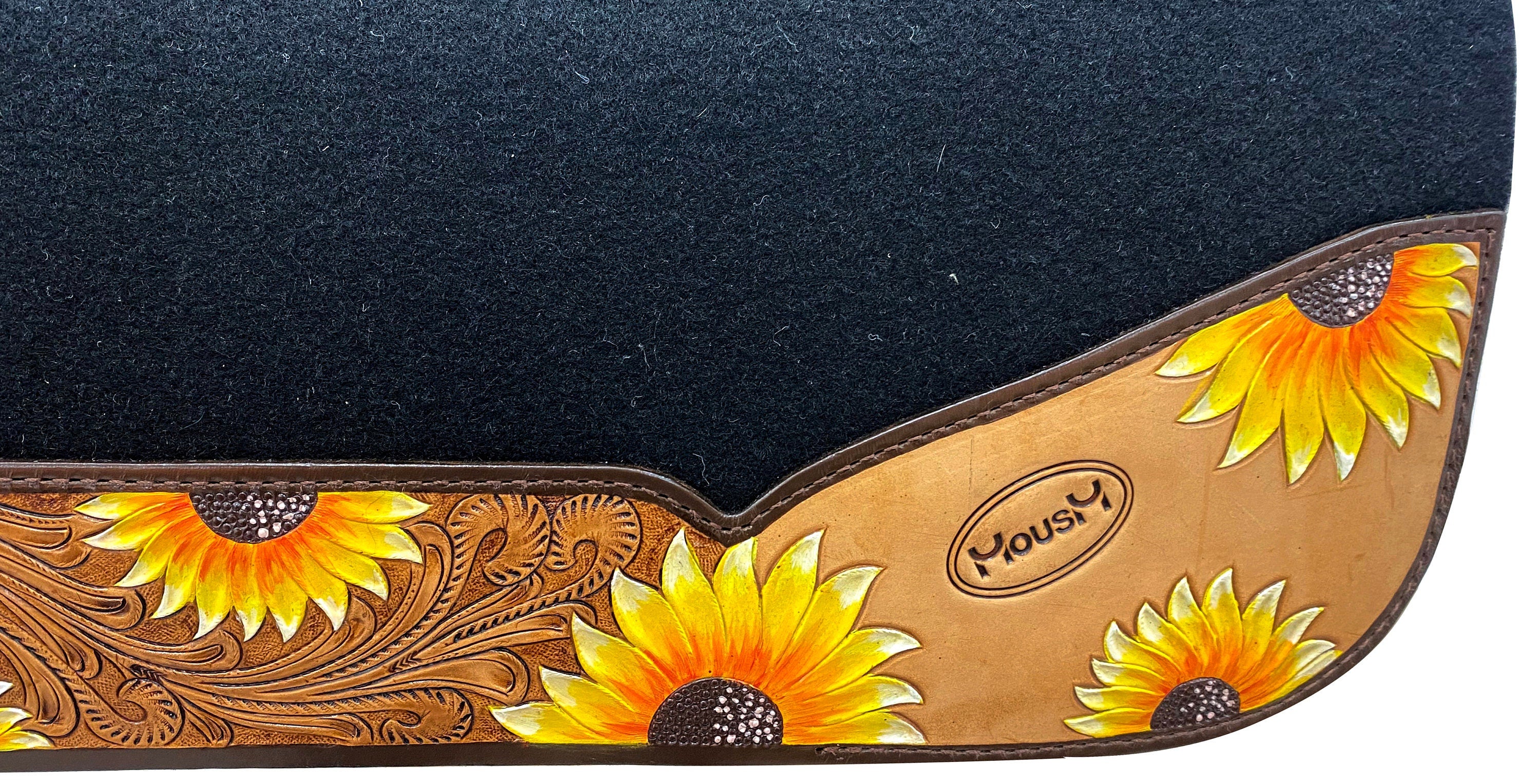 MOUSM Western Saddle Pad - Saddle Pad for Horses Synthetic Wool Blend Black Felt with Hand-Tooled & Painted Sunflower Carving on Real Cow Hide Leather, Comfortable Horse Riding Pad