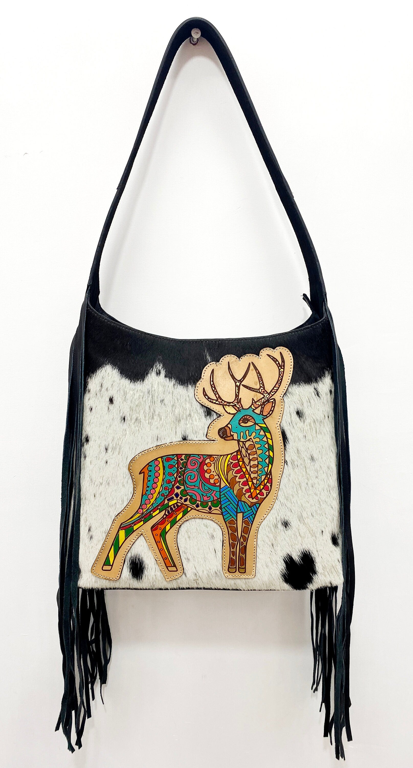 MOUSM Genuine Cowhide Leather Shoulder Bag for Women - Colorful Deer Print Patch on Real Hair-On Cow Hide Front with Long Black Leather Fringe Both Sides, High-Quality Zipper Closure