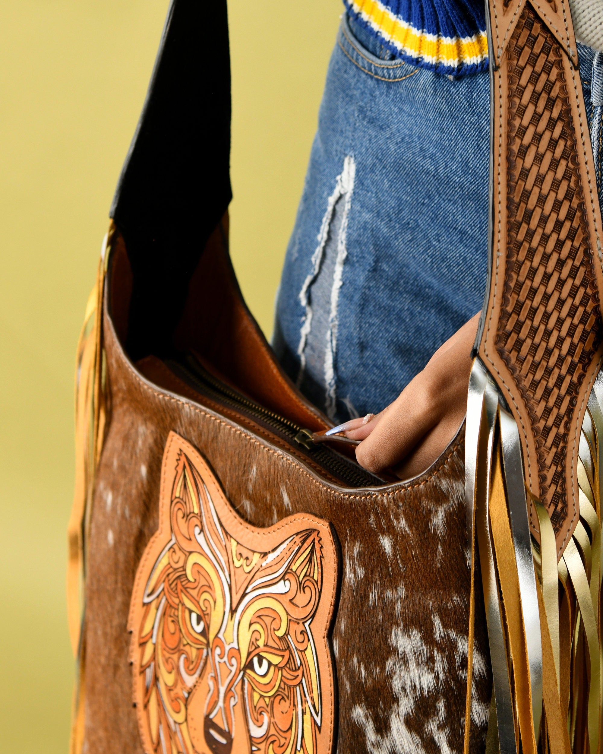 MOUSM Genuine Cow Hide Leather Shoulder Bag for Women - Wolf Doodle Art Patch with Golden-Silver-Bronze Metallic Paint on Real Hair-On Cow Hide Front & Fringe on Both Sides, High-Quality Zipper Closure