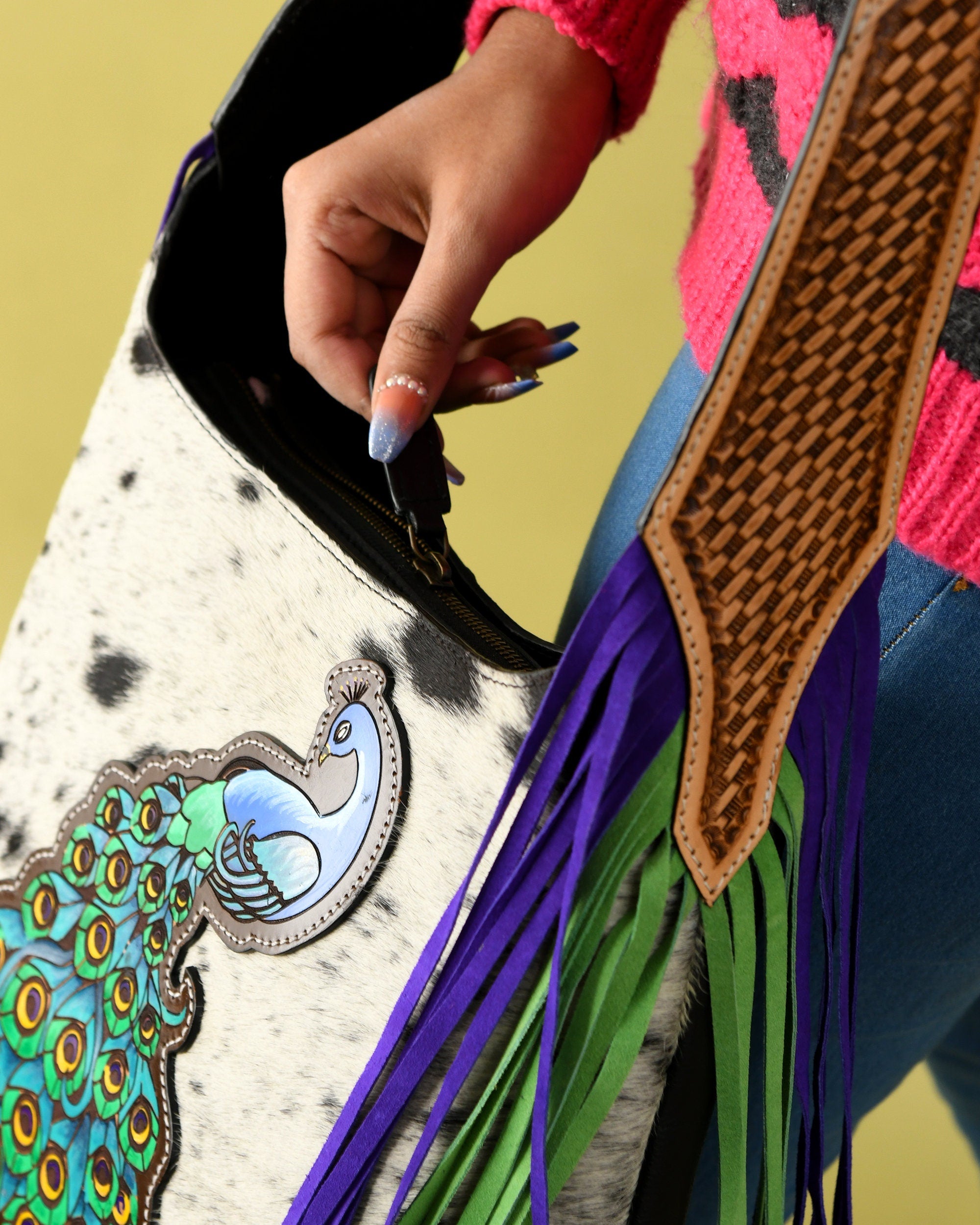 MOUSM Genuine Cowhide Leather Shoulder Bag - Ladies Bag with Beautiful Peacock Patch on Real Hair-On Cow Hide Front & Long Navy Blue and Green Fringe on Both Sides, High-Quality Zipper Closure