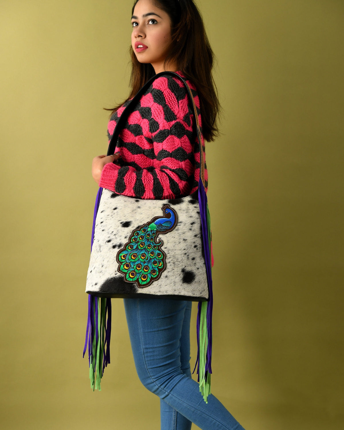 MOUSM Genuine Cowhide Leather Shoulder Bag - Ladies Bag with Beautiful Peacock Patch on Real Hair-On Cow Hide Front & Long Navy Blue and Green Fringe on Both Sides, High-Quality Zipper Closure