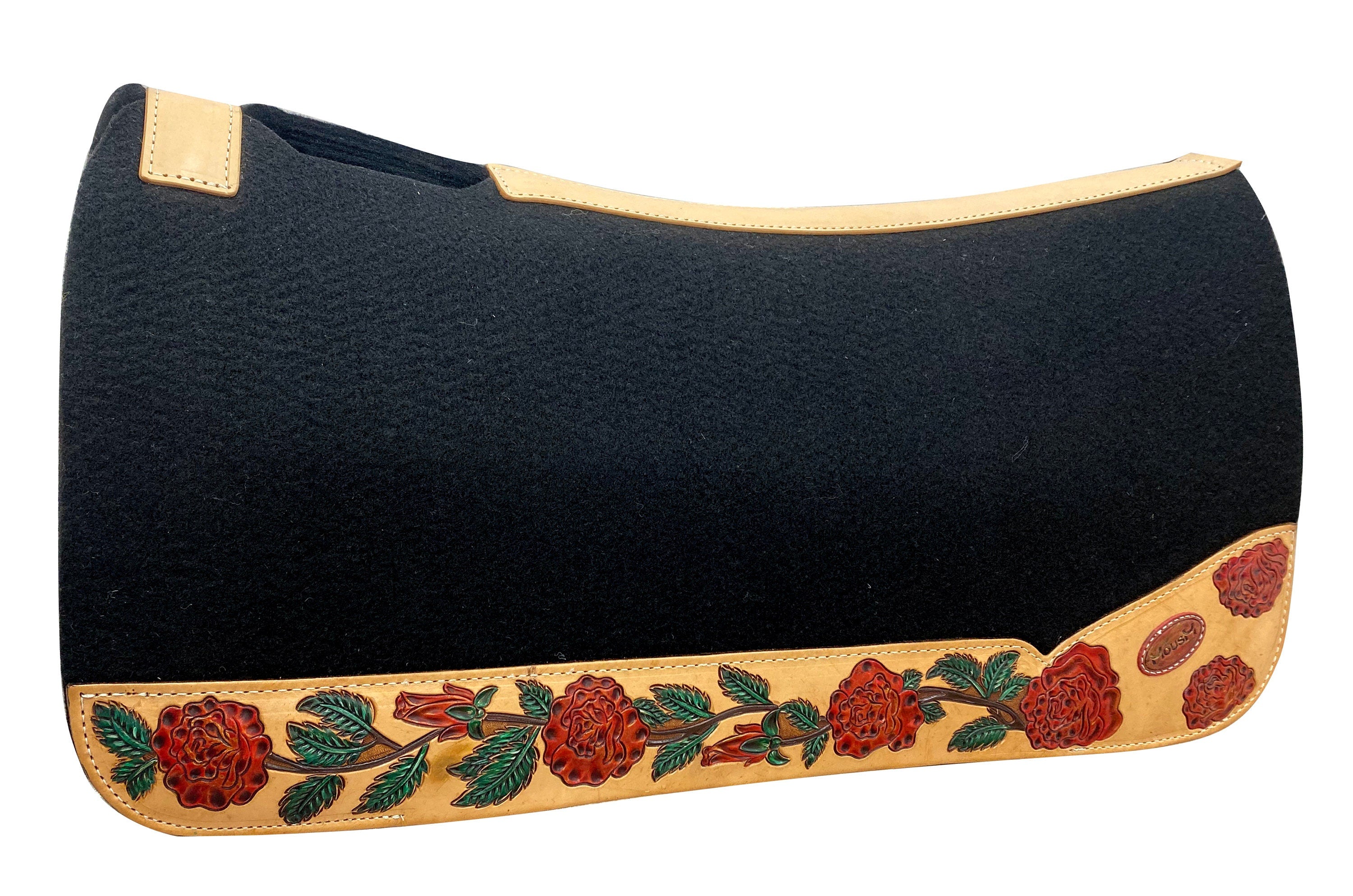 MOUSM Western Saddle Pad - Saddle Pad for Horse Synthetic Wool Blend Black Felt with Hand-Tooled Red Rose and Green Leaves Craving on Real Cow Hide Leather, Super Comfortable Horse Riding Pad