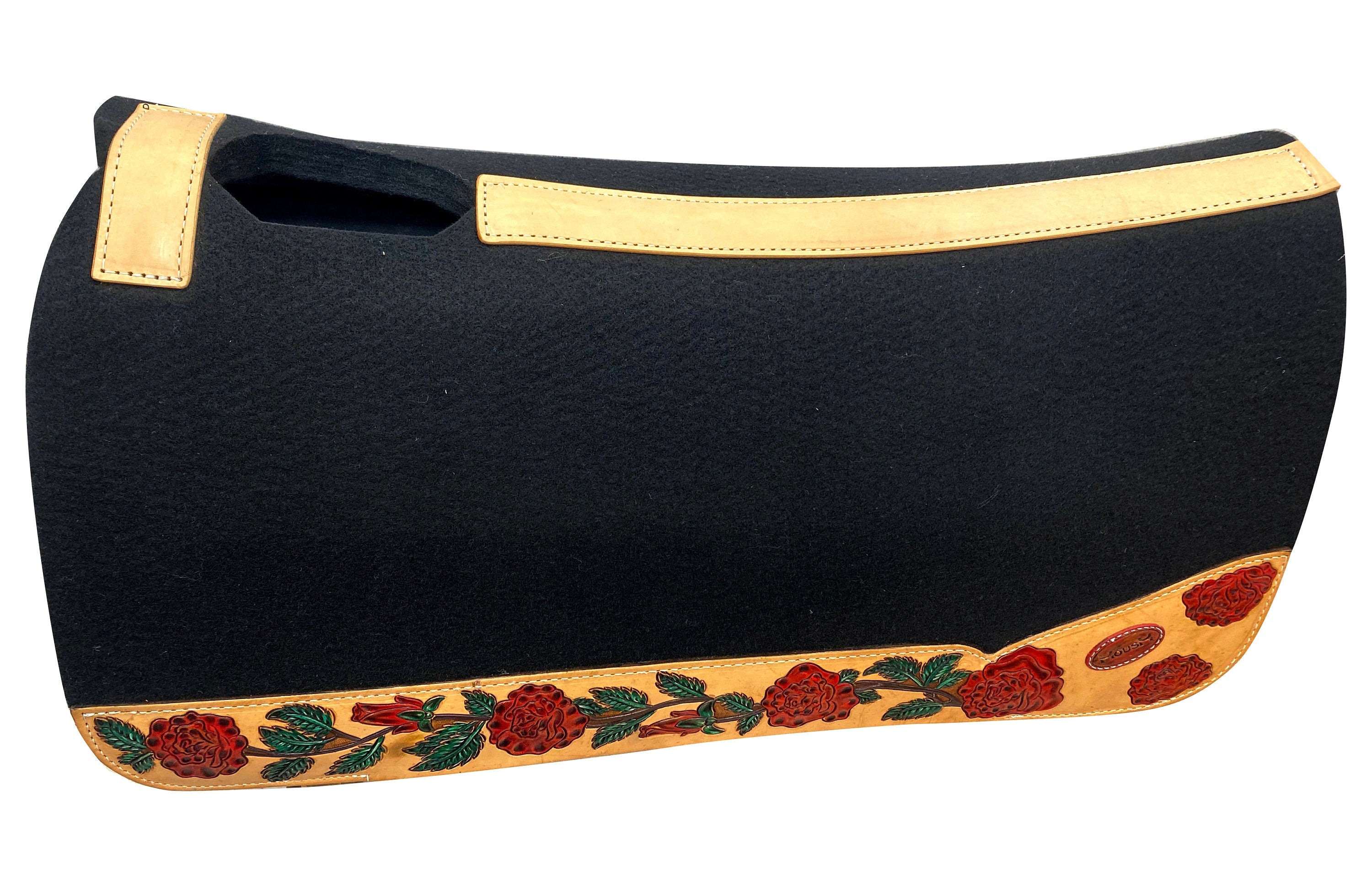 MOUSM Western Saddle Pad - Saddle Pad for Horse Synthetic Wool Blend Black Felt with Hand-Tooled Red Rose and Green Leaves Craving on Real Cow Hide Leather, Super Comfortable Horse Riding Pad