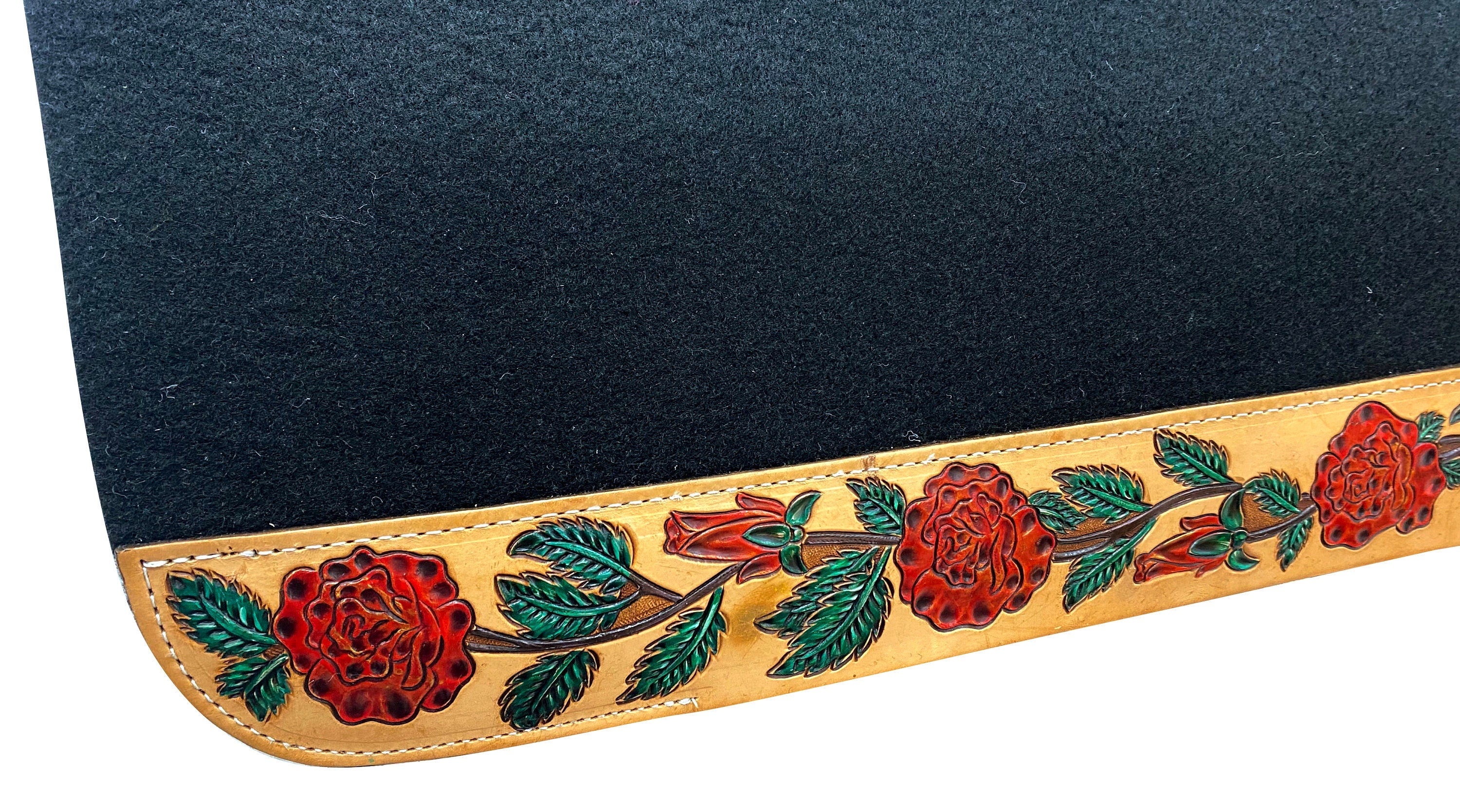 MOUSM Western Saddle Pad - Saddle Pad for Horse Synthetic Wool Blend Black Felt with Hand-Tooled Red Rose and Green Leaves Craving on Real Cow Hide Leather, Super Comfortable Horse Riding Pad