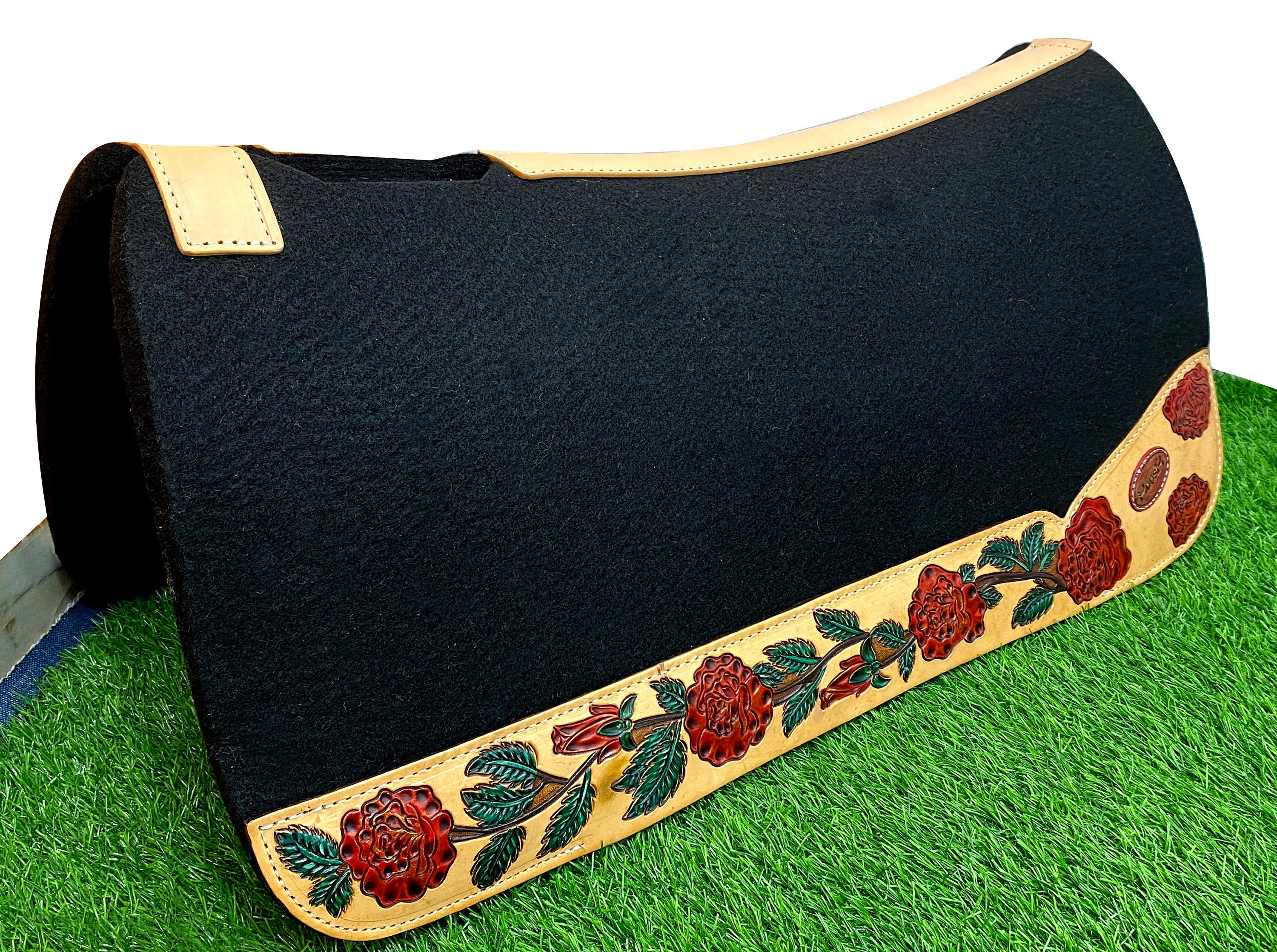 MOUSM Western Saddle Pad - Saddle Pad for Horse Synthetic Wool Blend Black Felt with Hand-Tooled Red Rose and Green Leaves Craving on Real Cow Hide Leather, Super Comfortable Horse Riding Pad