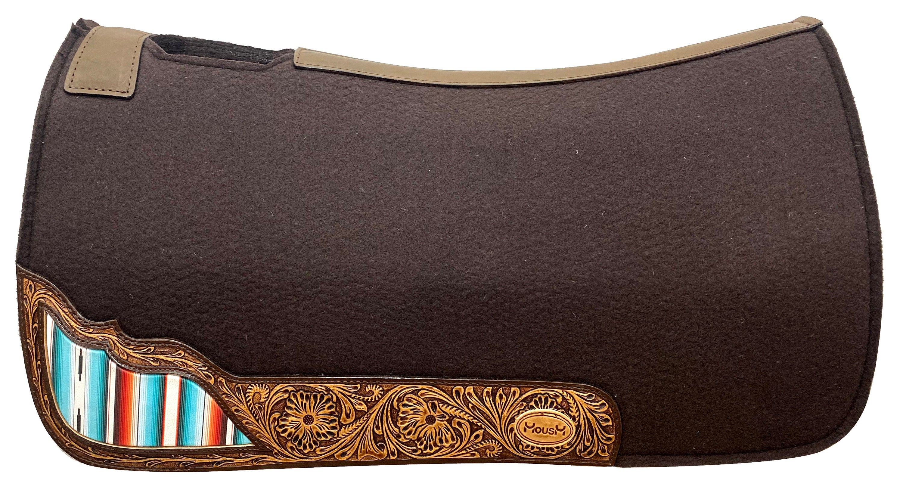 MOUSM Western Saddle Pad - Saddle Pad for Horse Synthetic Wool Blend Black Felt with Reinforced Spine with Hand-Tooled Leather & Serape Fabric Inlay, Comfortable Horse Riding Pad