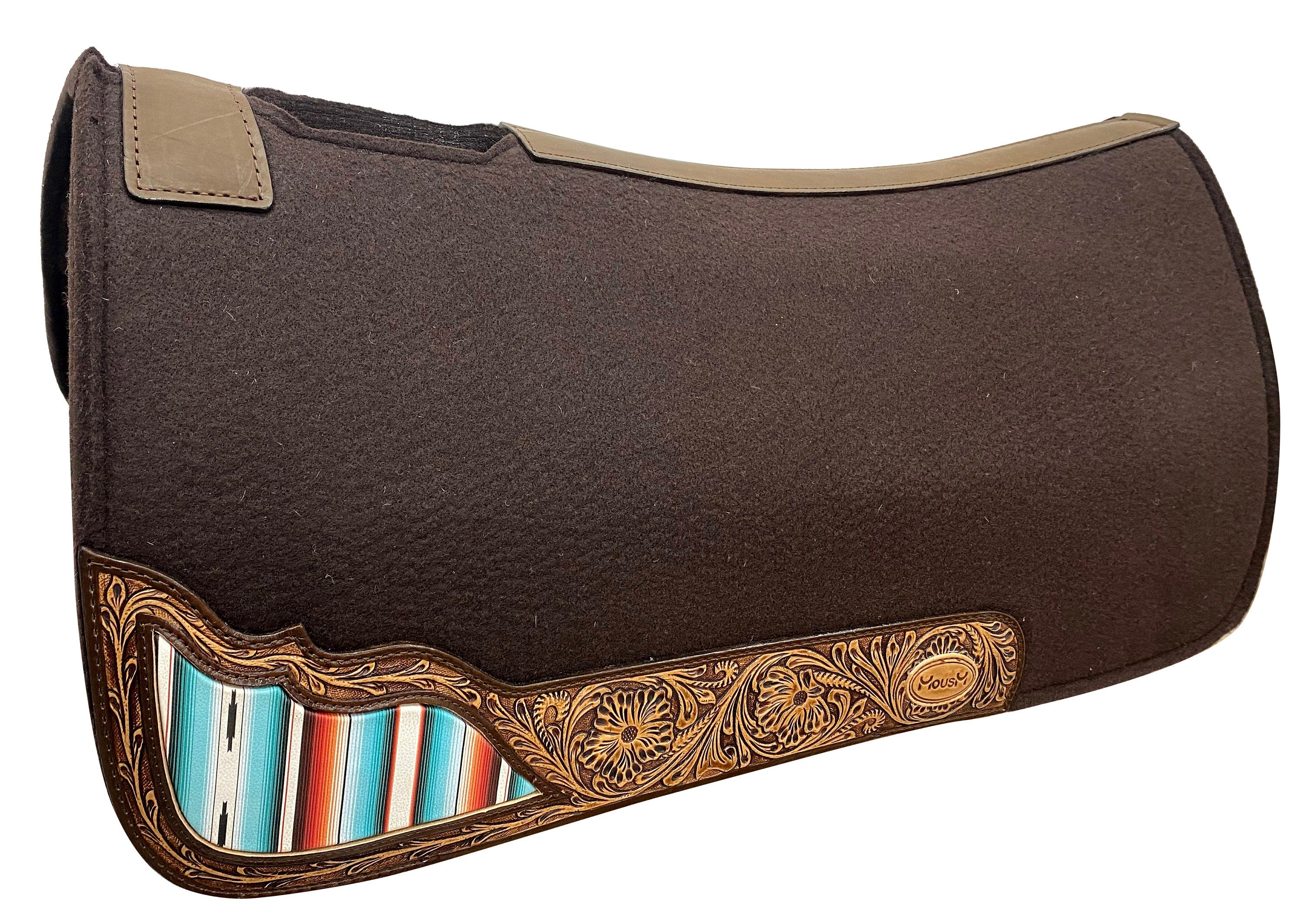 MOUSM Western Saddle Pad - Saddle Pad for Horse Synthetic Wool Blend Black Felt with Reinforced Spine with Hand-Tooled Leather & Serape Fabric Inlay, Comfortable Horse Riding Pad